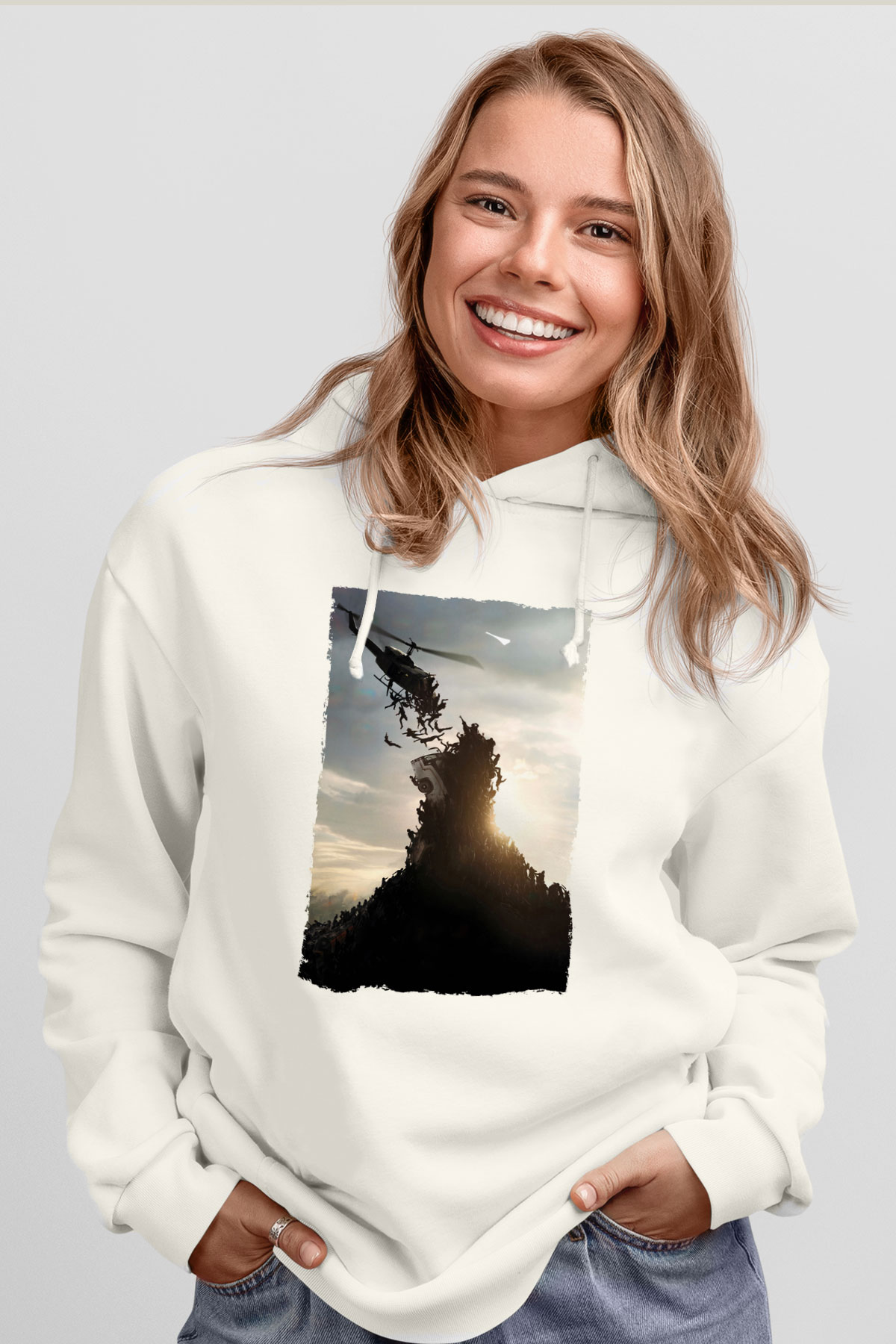 Unisex World War Z Baskılı Beyaz Kapüşonlu Sweatshirt