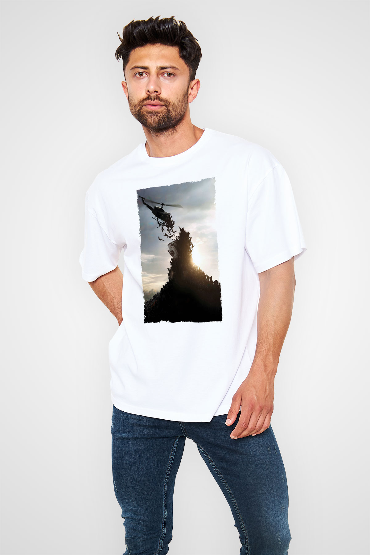 Unisex World War Z Baskılı Beyaz Oversize Tişört