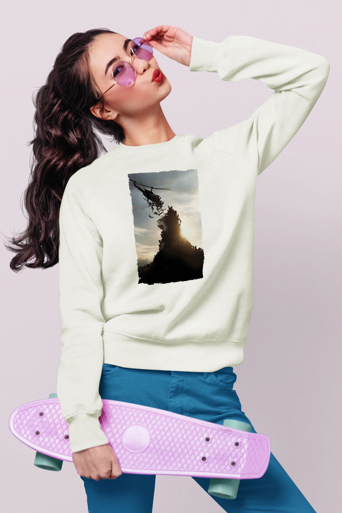 Unisex World War Z Baskılı Beyaz Sweatshirt