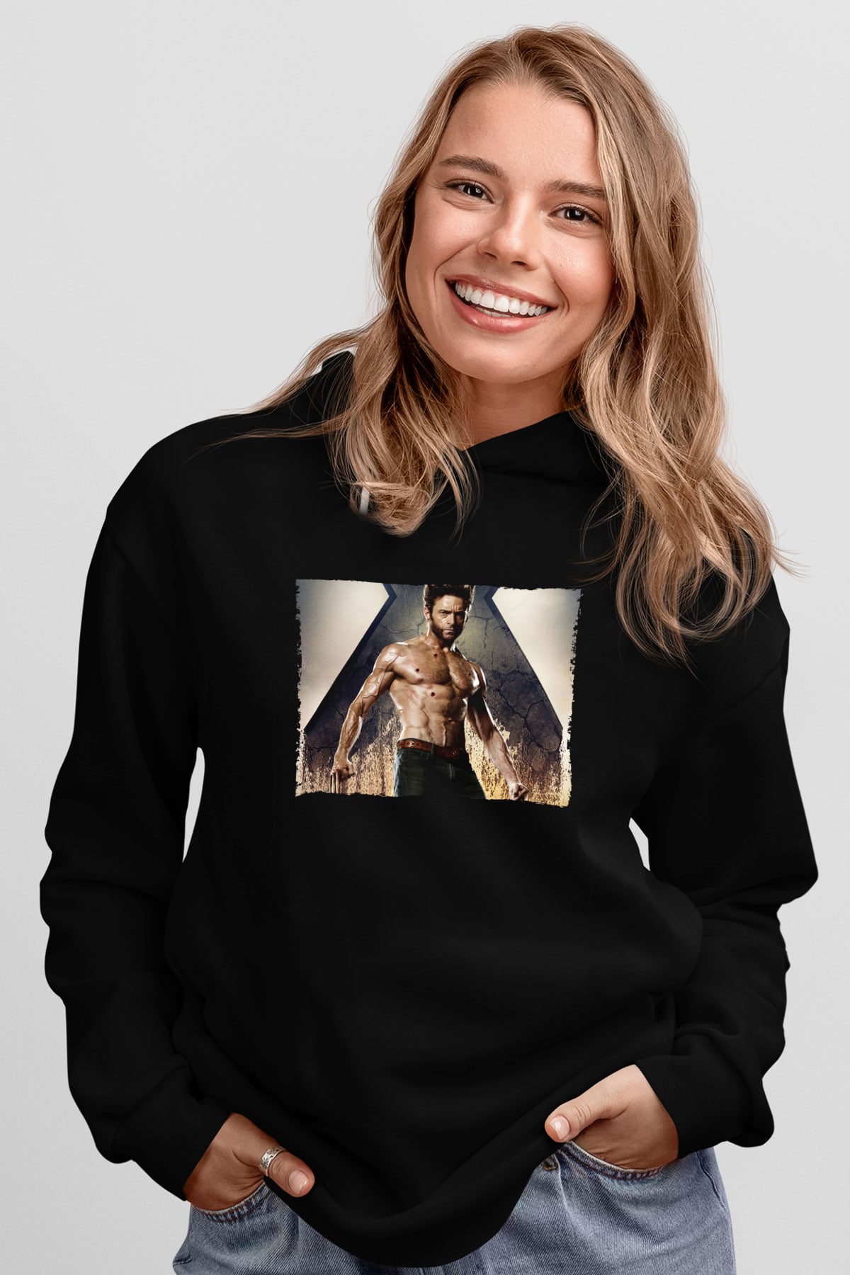 Unisex X-Men Days of Future Past Baskılı Siyah Kapüşonlu Sweatshirt