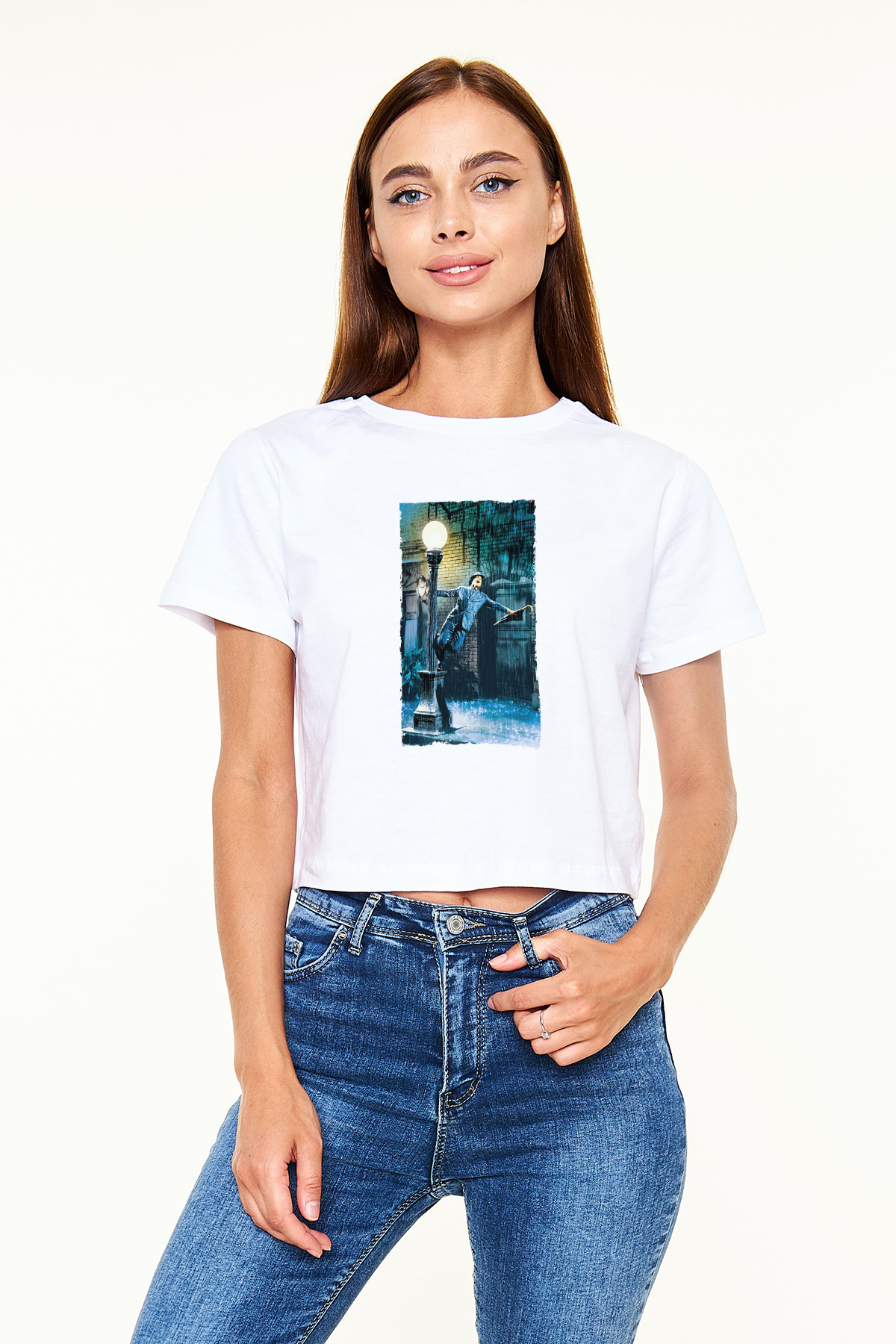 Unisex Yağmur Altında (Singin' in the Rain) Baskılı Beyaz Crop Top T-shirt