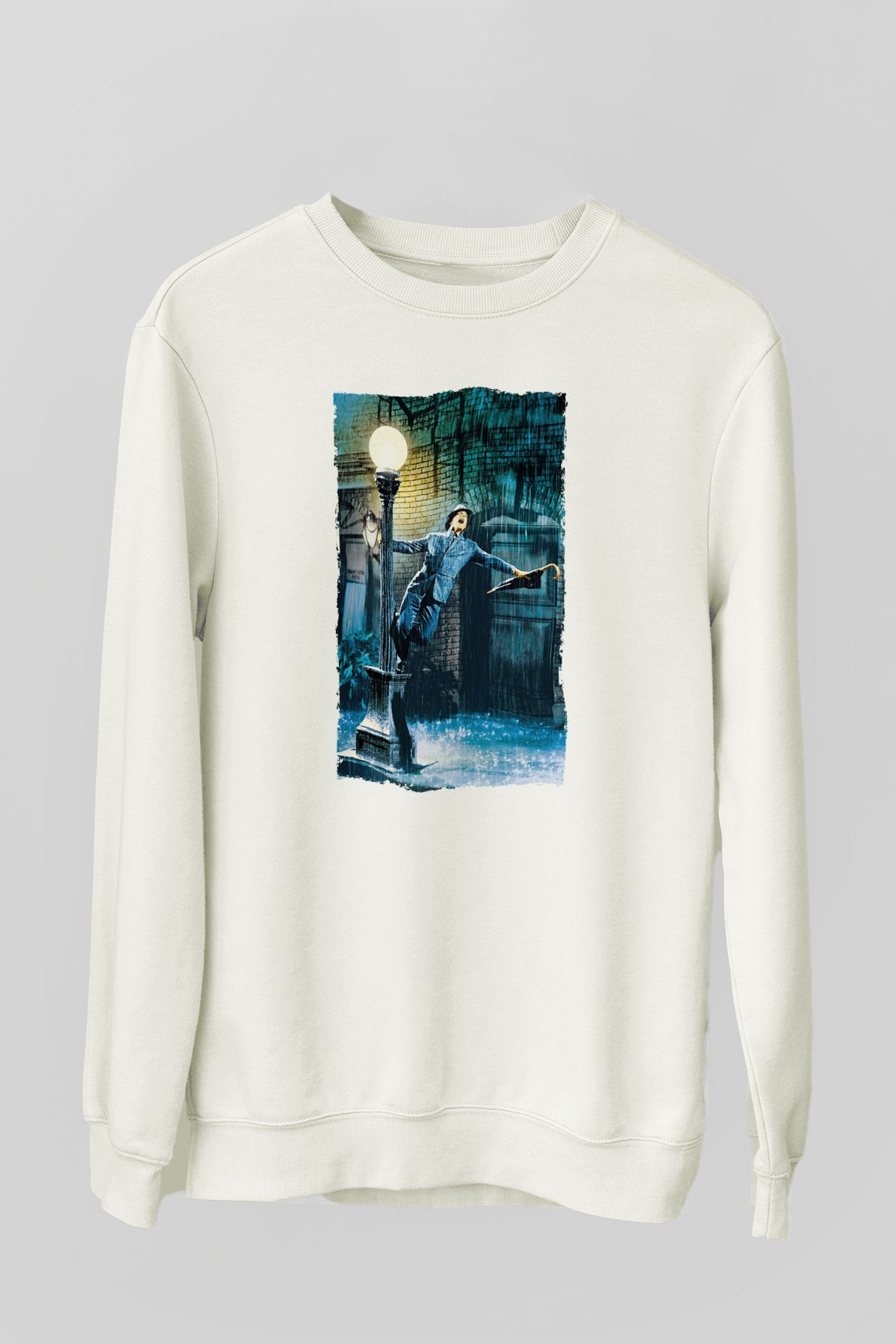 Unisex Yağmur Altında (Singin' in the Rain) Baskılı Beyaz Sweatshirt
