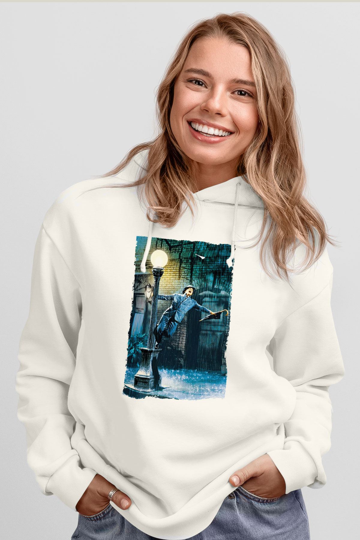Unisex Yağmur Altında (Singin' in the Rain) Baskılı Beyaz Kapüşonlu Sweatshirt