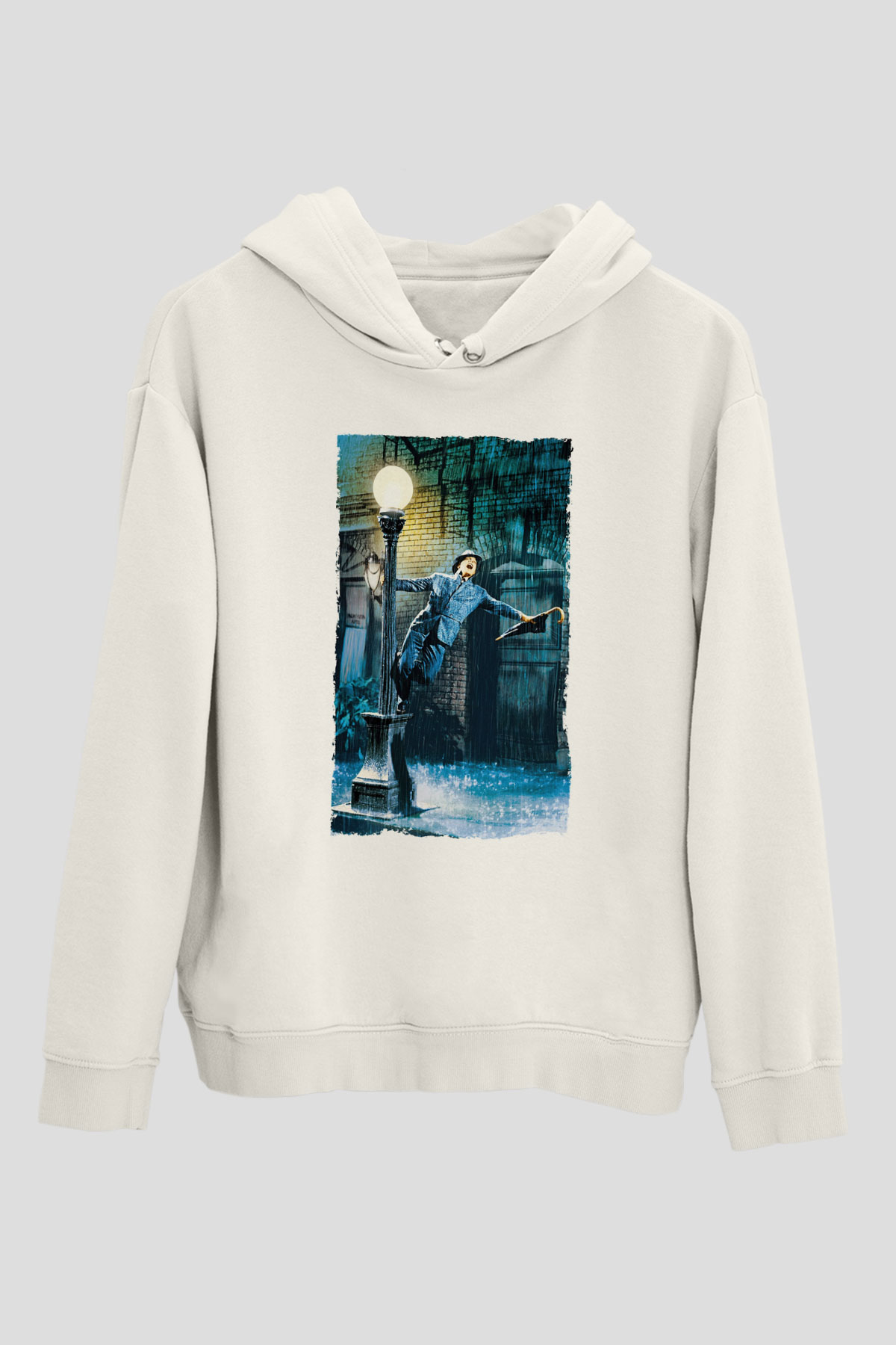 Unisex Yağmur Altında (Singin' in the Rain) Baskılı Beyaz Kapüşonlu Sweatshirt