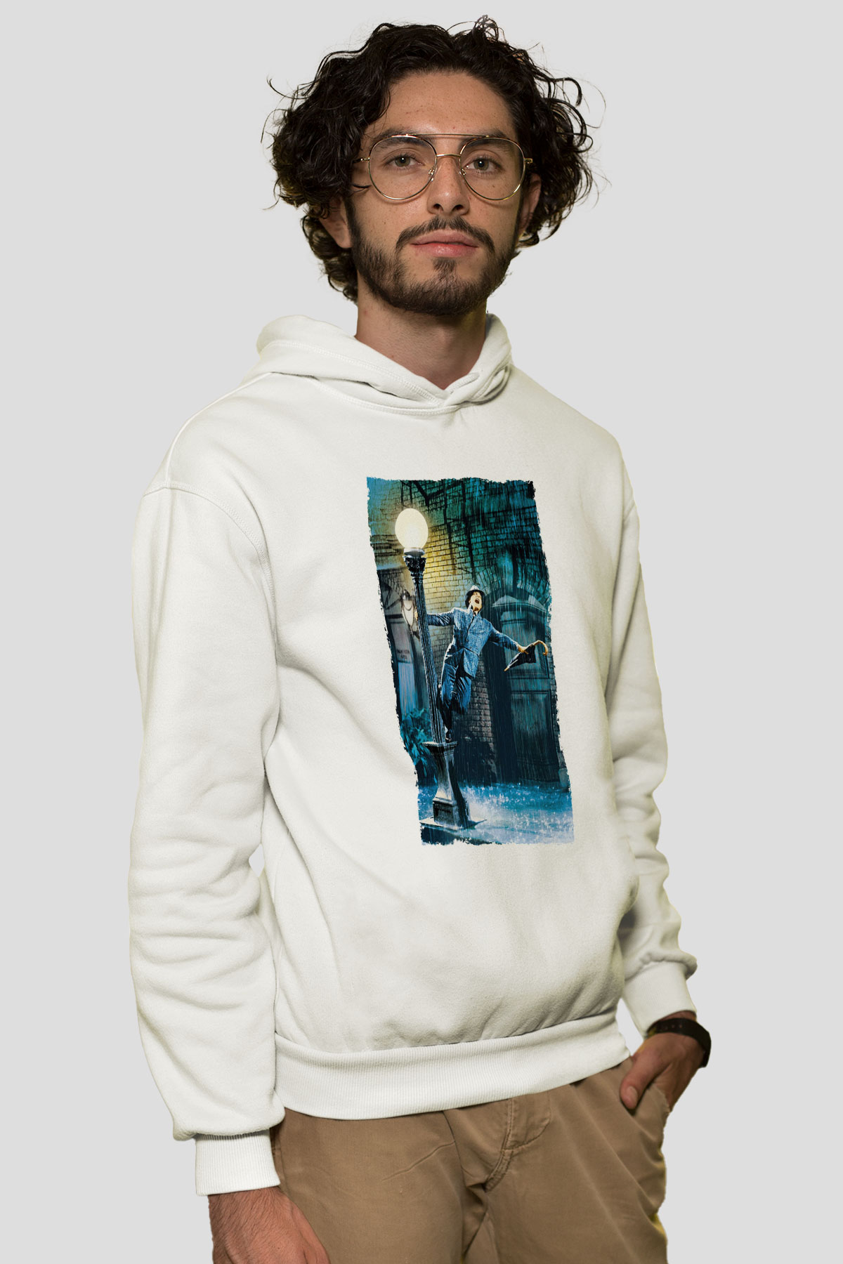 Unisex Yağmur Altında (Singin' in the Rain) Baskılı Beyaz Kapüşonlu Sweatshirt