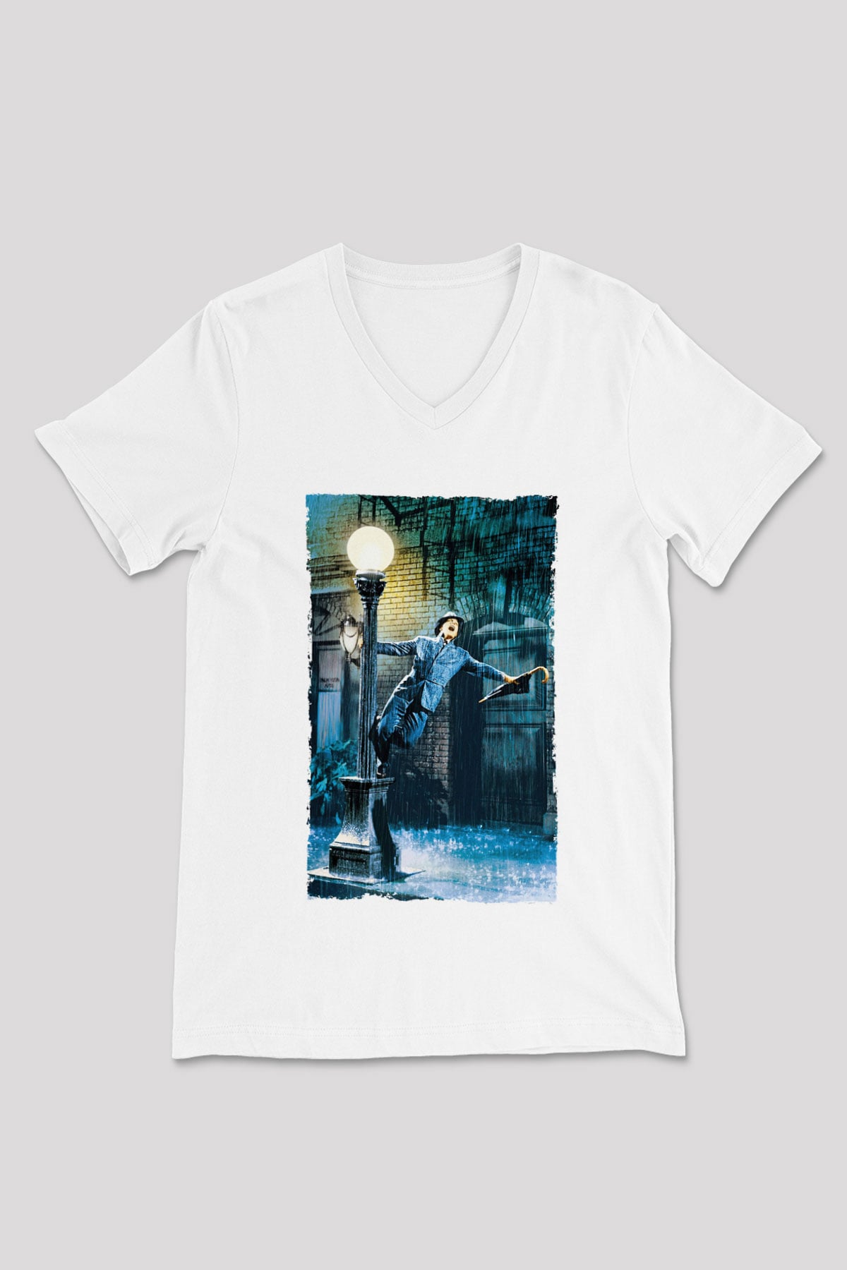 Unisex Yağmur Altında (Singin' in the Rain) Baskılı Beyaz V Yaka T-shirt