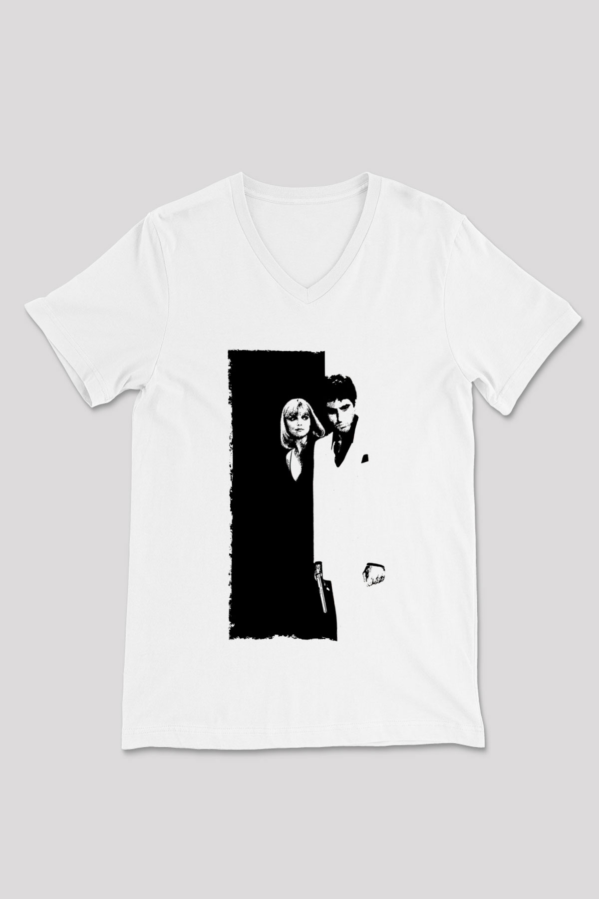 Unisex Yaralı Yüz (Scarface) Baskılı Beyaz V Yaka Tshirt