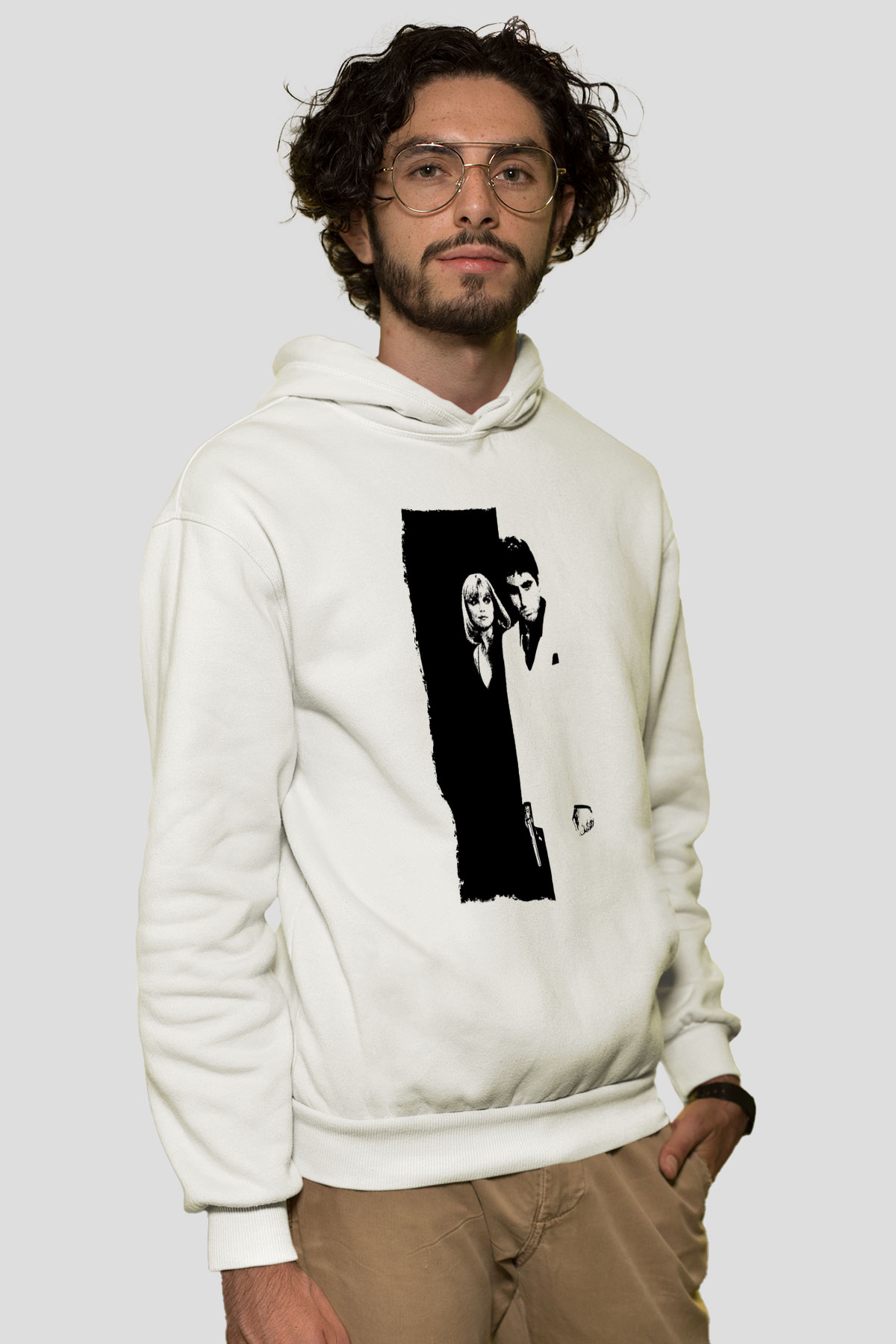 Unisex Yaralı Yüz (Scarface) Baskılı Beyaz Kapüşonlu Sweatshirt