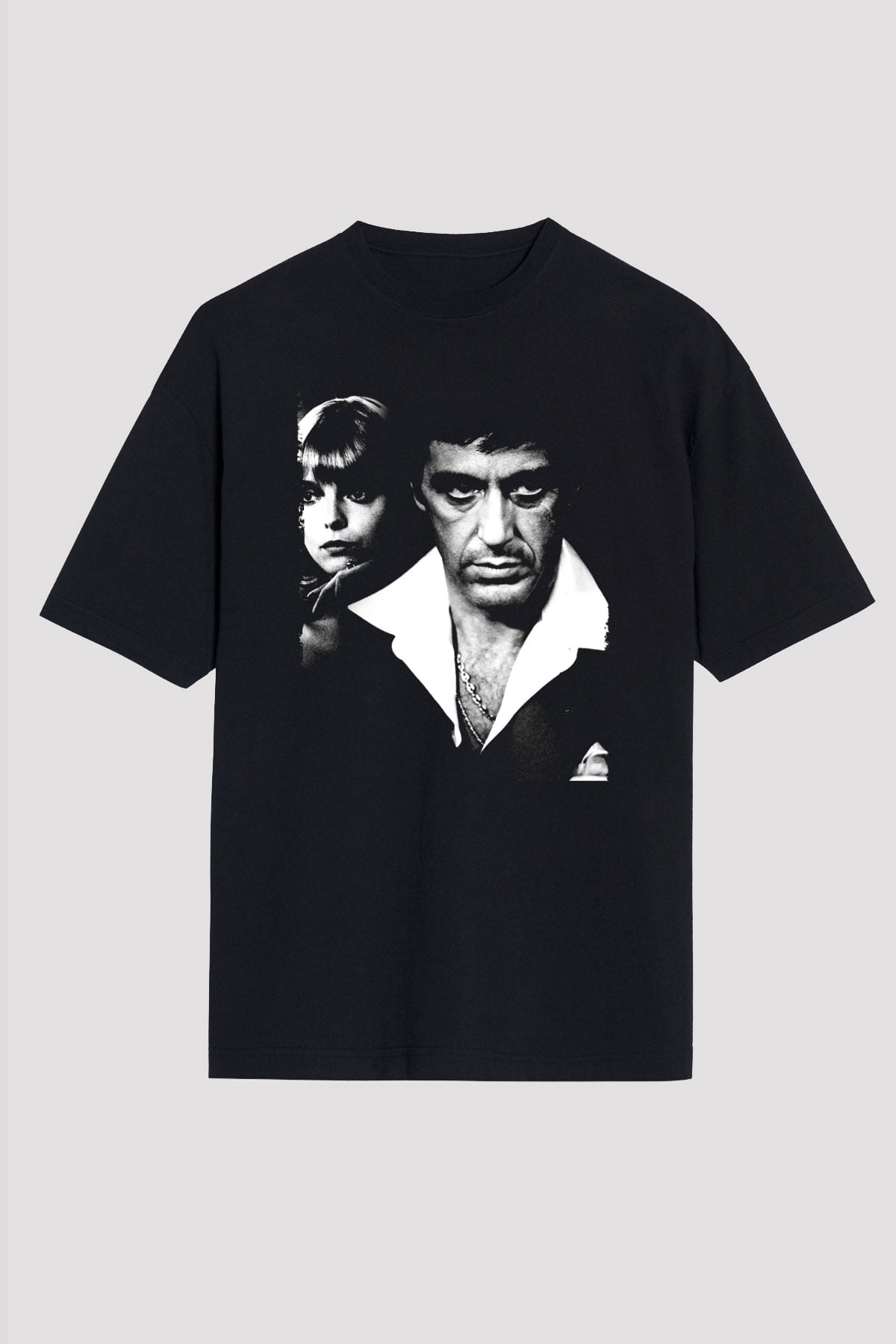Unisex Yaralı Yüz (Scarface) Baskılı Siyah Oversize Tişört