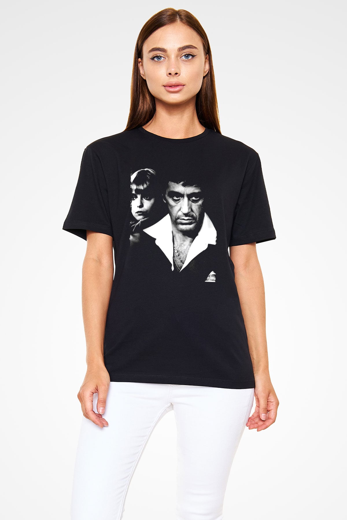 Unisex Yaralı Yüz (Scarface) Baskılı Siyah Tişört