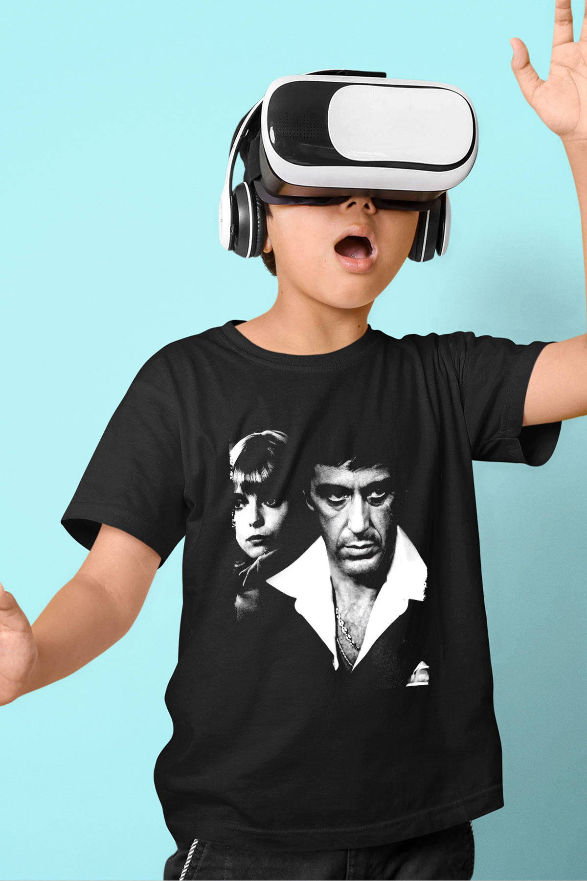 Unisex Yaralı Yüz (Scarface) Baskılı Siyah Çocuk Tişört