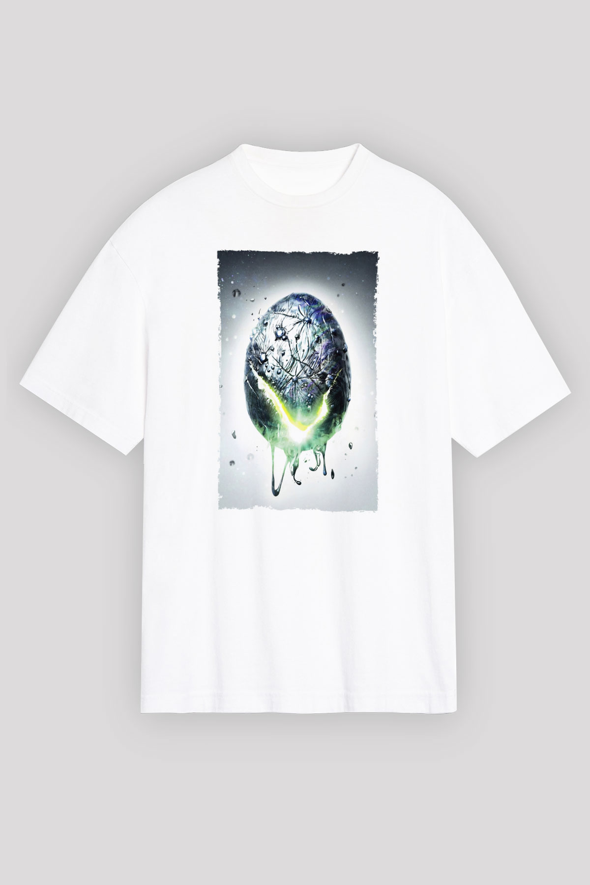 Unisex Yaratık - Alien Baskılı Beyaz Oversize Oversize T-shirt