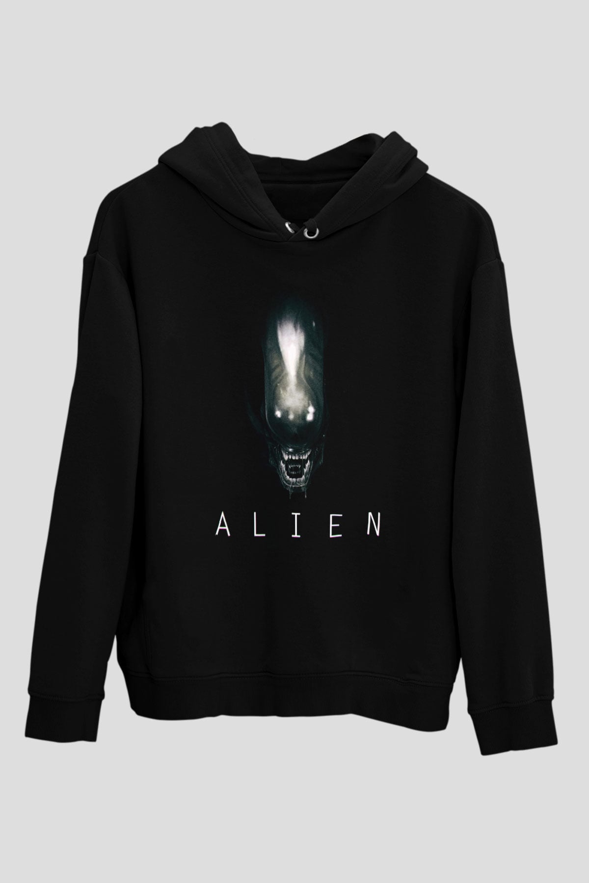 Unisex Yaratık (Alien) Baskılı Siyah Kapüşonlu Sweatshirt