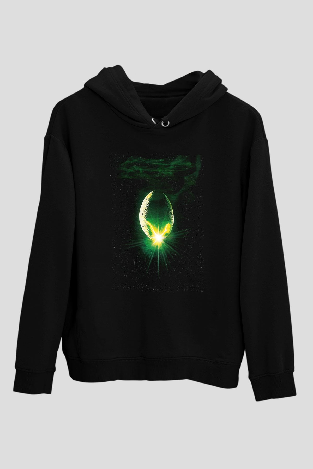 Unisex Yaratık (Alien) Baskılı Siyah Kapüşonlu Sweatshirt
