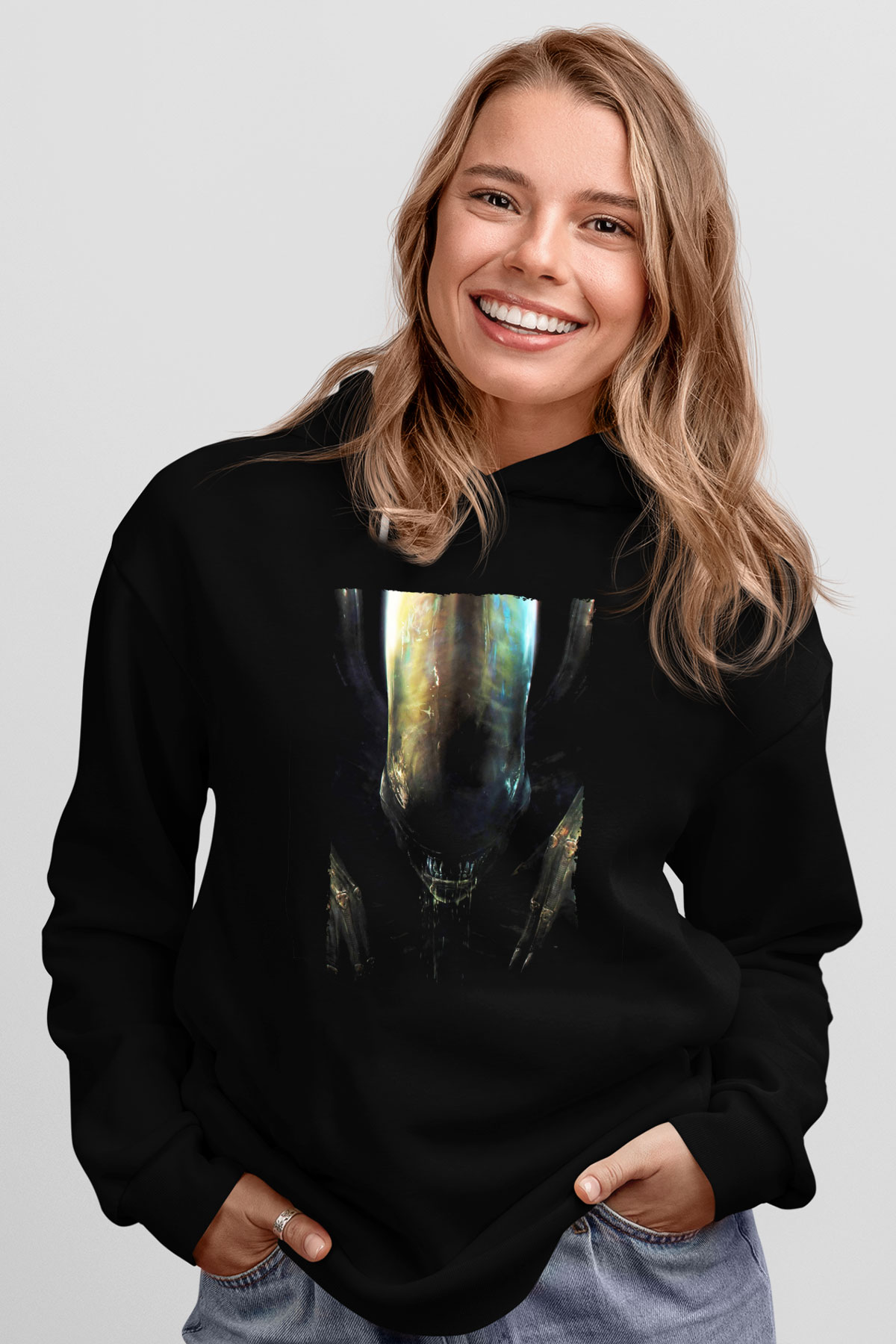 Unisex Yaratık (Alien) Baskılı Siyah Kapüşonlu Sweatshirt