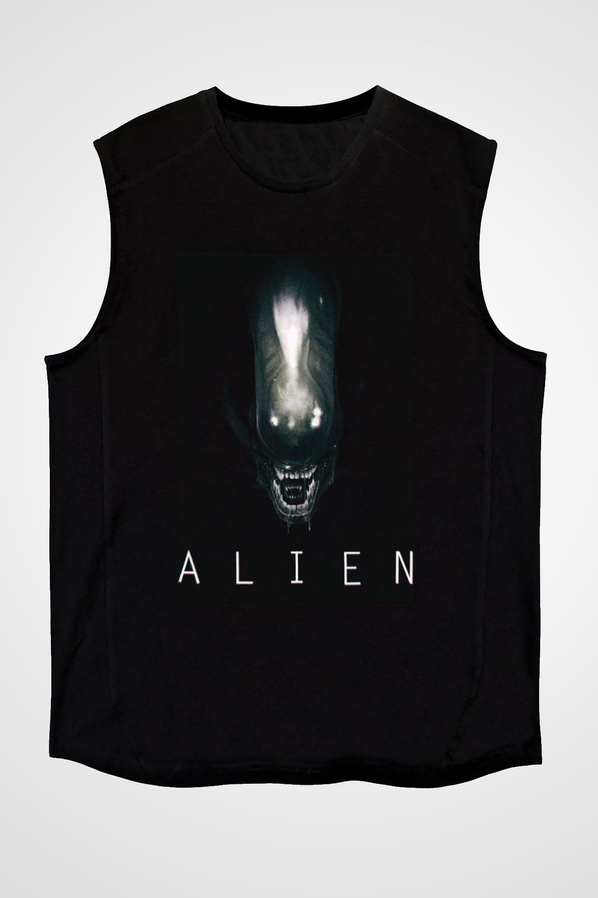 Unisex Yaratık (Alien) Baskılı Siyah Kolsuz T-shirt