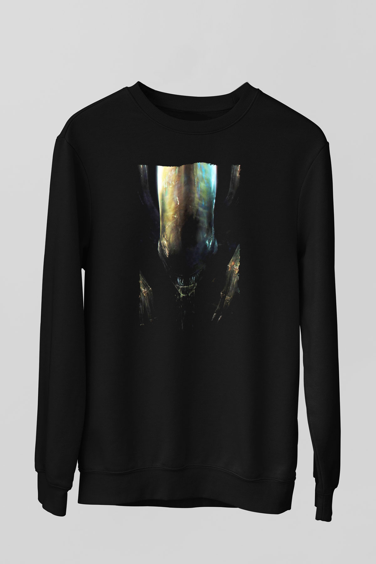 Unisex Yaratık (Alien) Baskılı Siyah Sweatshirt