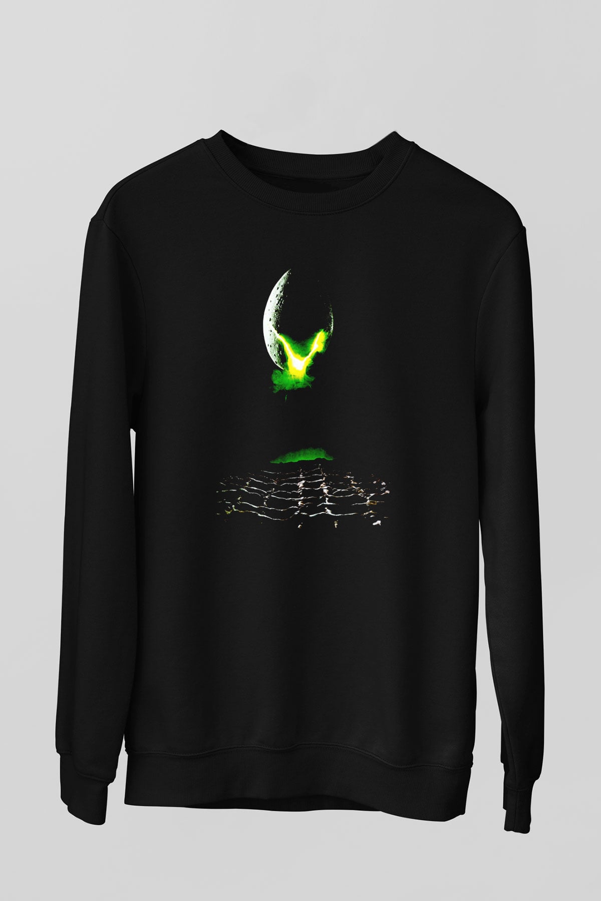 Unisex Yaratık (Alien) Baskılı Siyah Unisex Sweatshirt