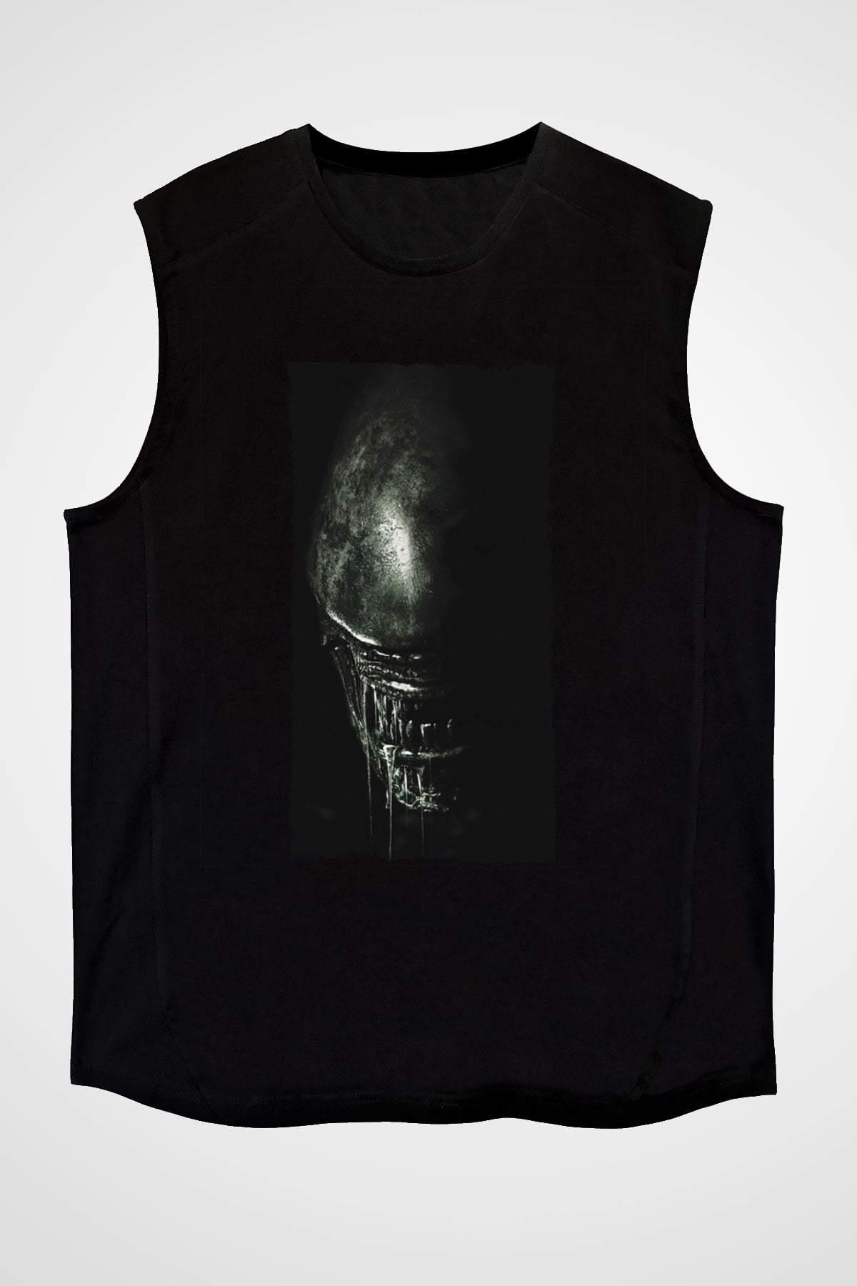 Unisex Yaratık (Alien) Baskılı Siyah Unisex Kolsuz Tişört