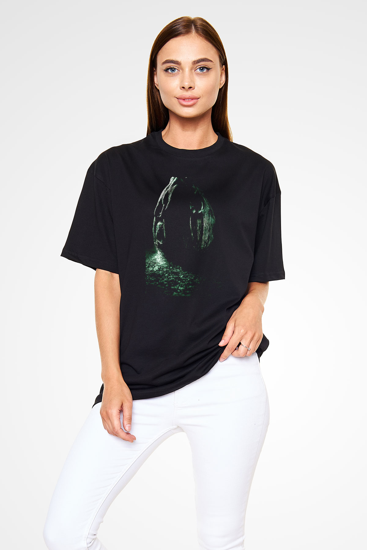 Unisex Yaratık (Alien) Baskılı Siyah Unisex Oversize Tshirt