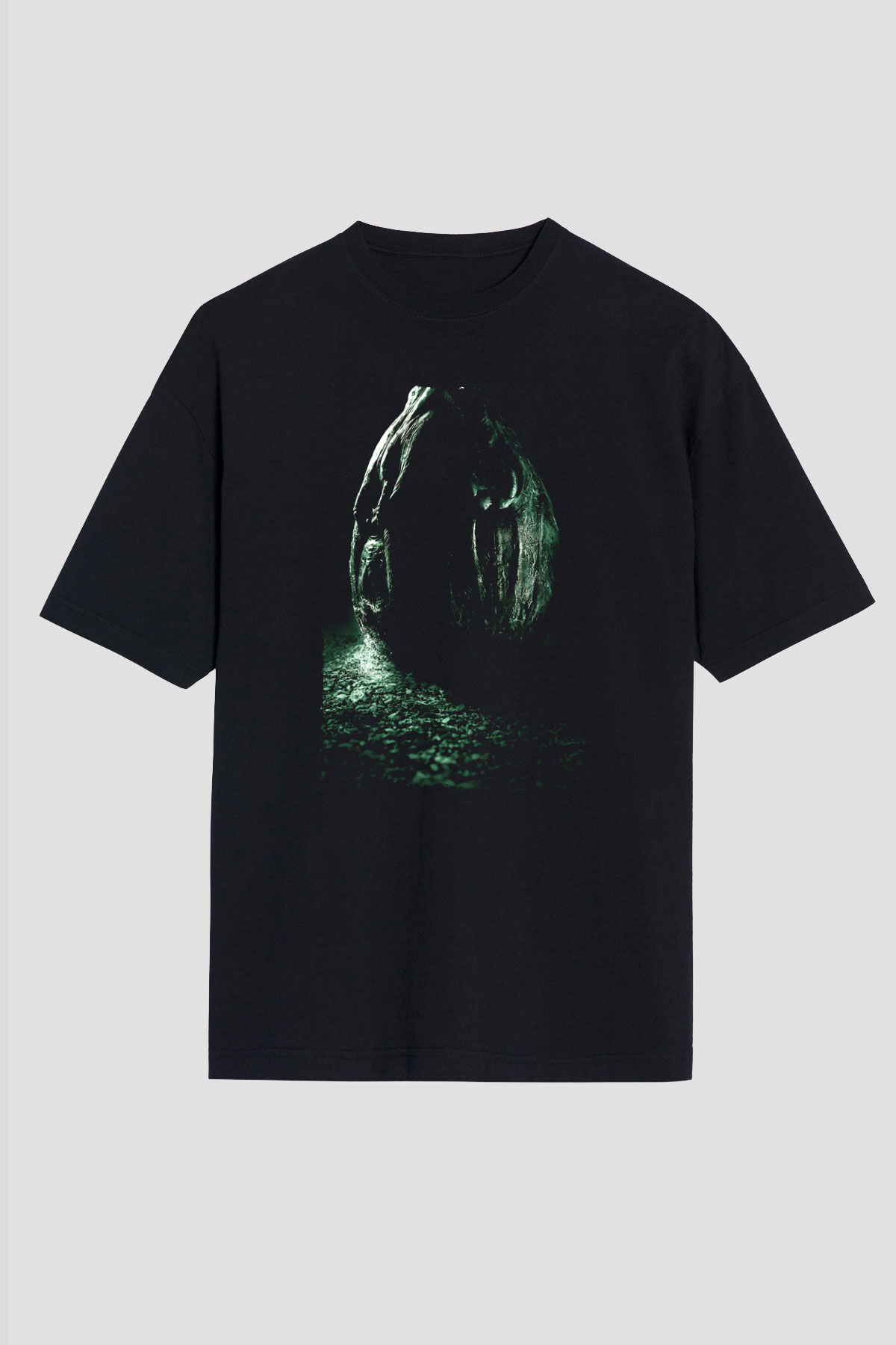 Unisex Yaratık (Alien) Baskılı Siyah Unisex Oversize Tshirt