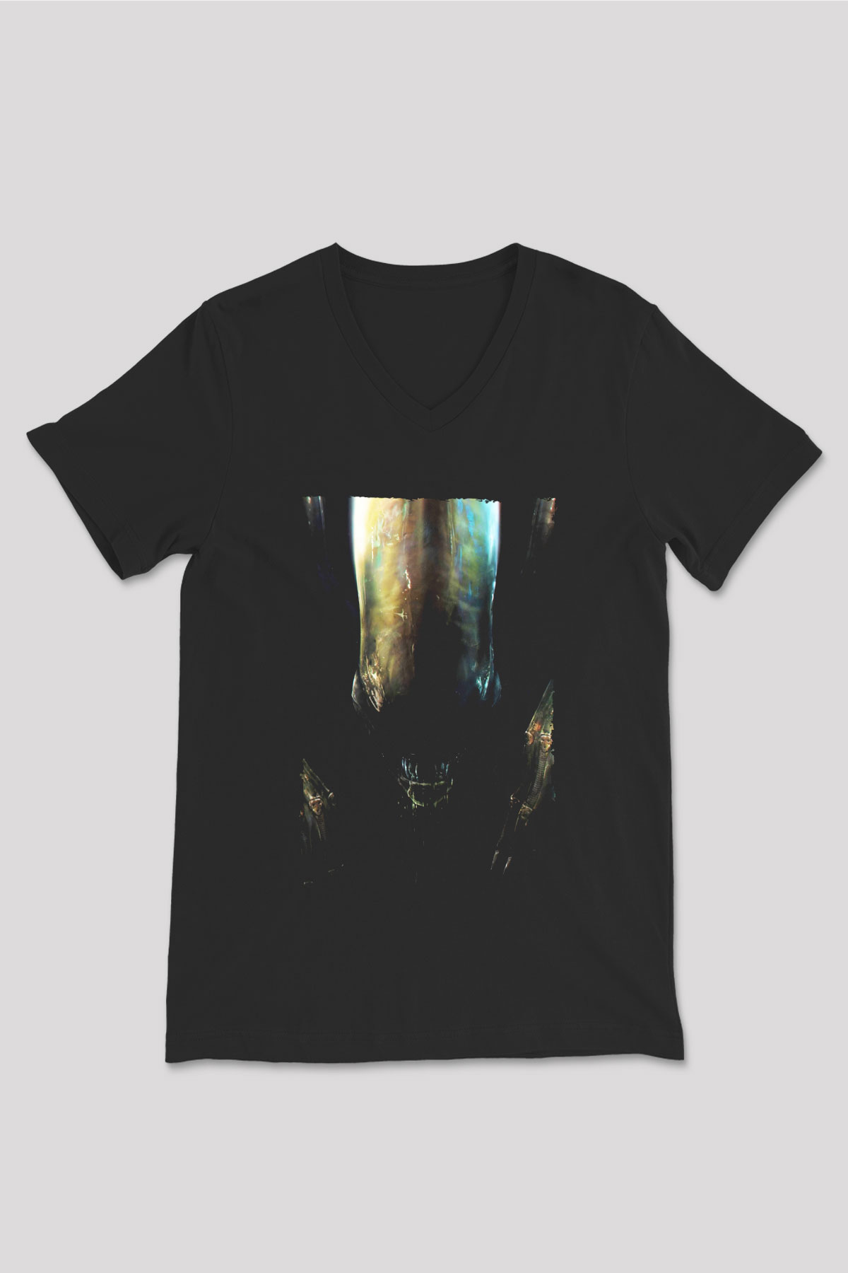 Unisex Yaratık (Alien) Baskılı Siyah V Yaka Tshirt