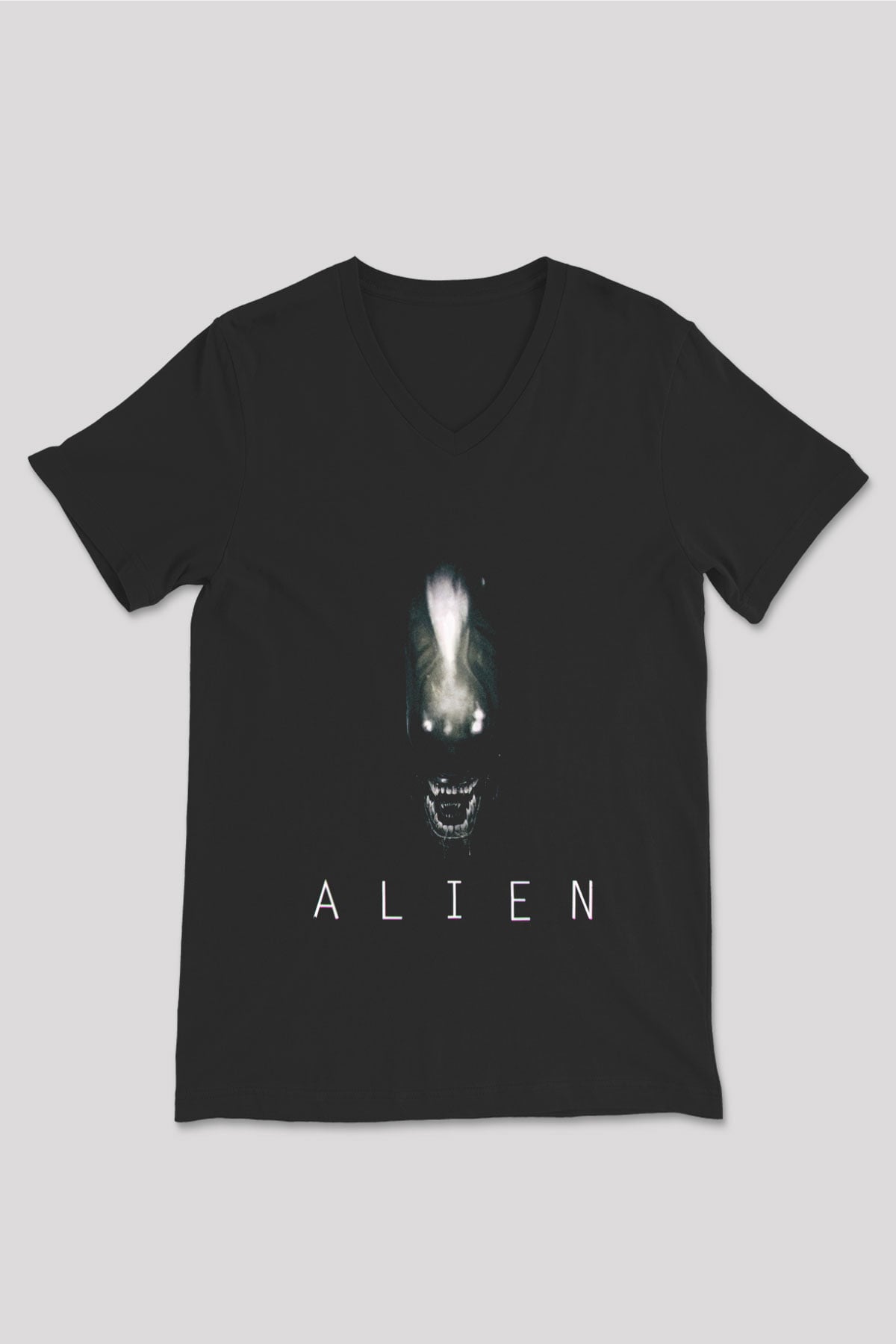 Unisex Yaratık (Alien) Baskılı Siyah V Yaka T-shirt