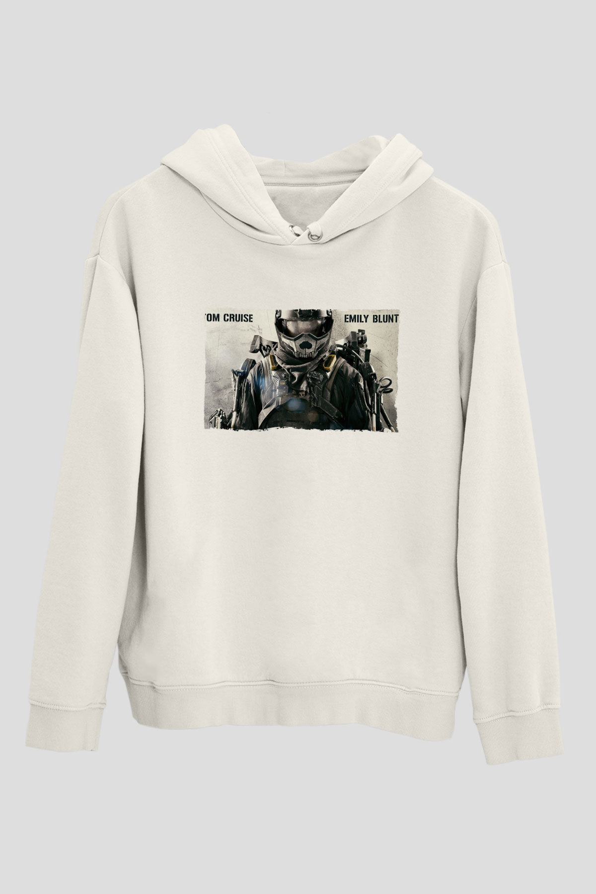 Unisex Yarının Sınırında (Edge of Tomorrow) Baskılı Beyaz Kapüşonlu Sweatshirt