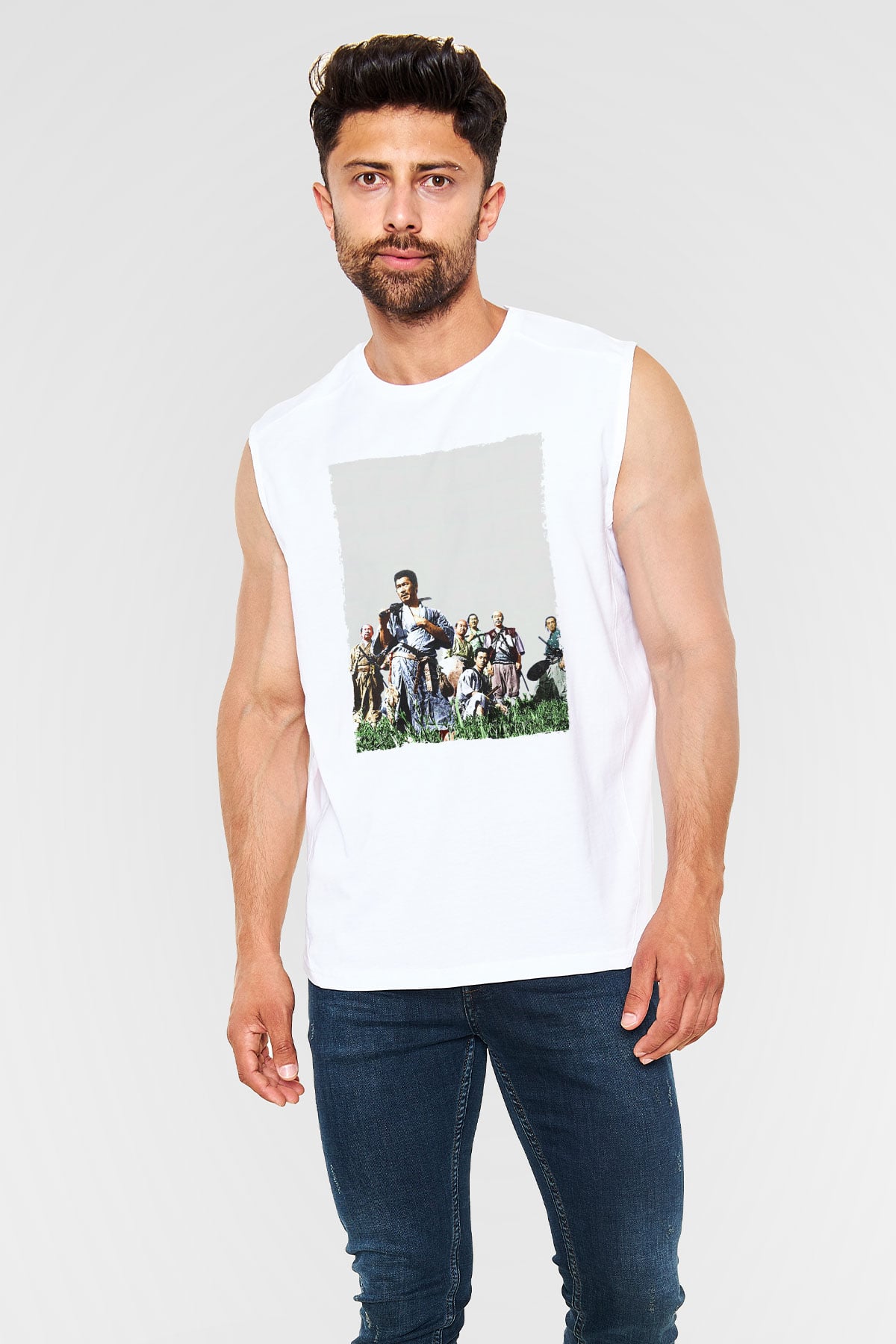 Unisex Yedi Samuray (Seven Samurai) Baskılı Beyaz Kolsuz Tişört