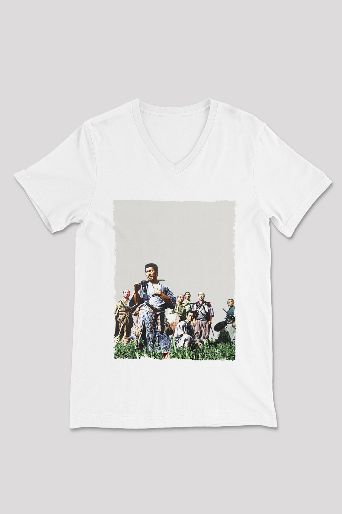 Unisex Yedi Samuray (Seven Samurai) Baskılı Beyaz V Yaka Tişört