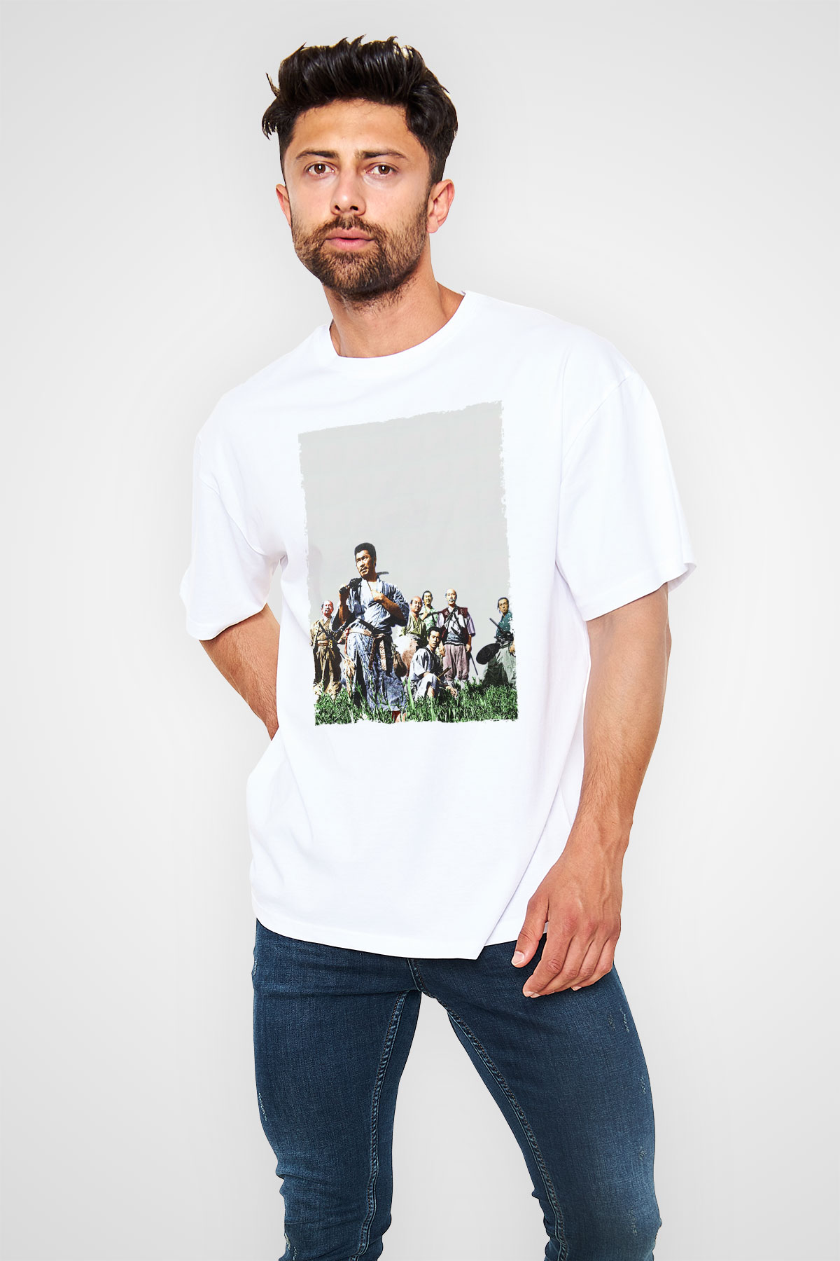 Unisex Yedi Samuray (Seven Samurai) Baskılı Beyaz Oversize Tişört