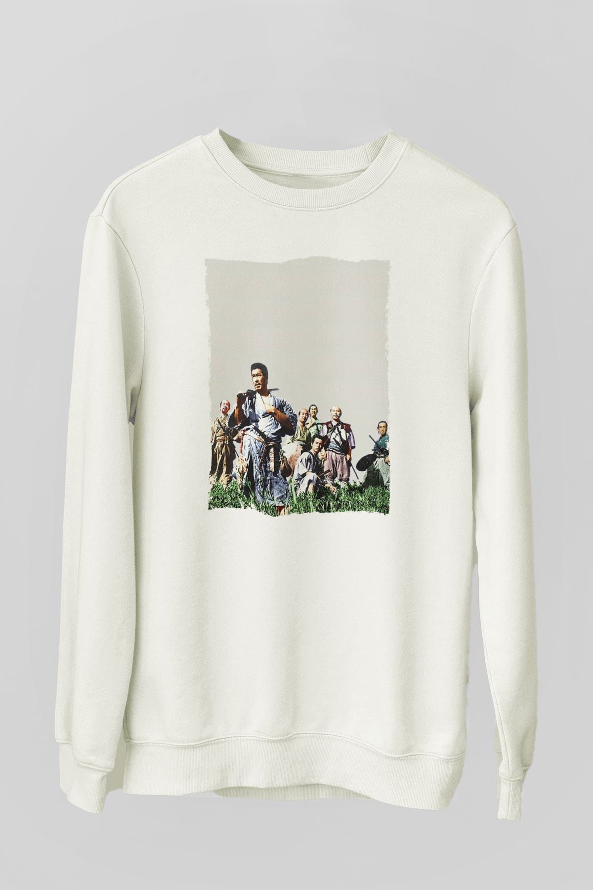 Unisex Yedi Samuray (Seven Samurai) Baskılı Beyaz Sweatshirt
