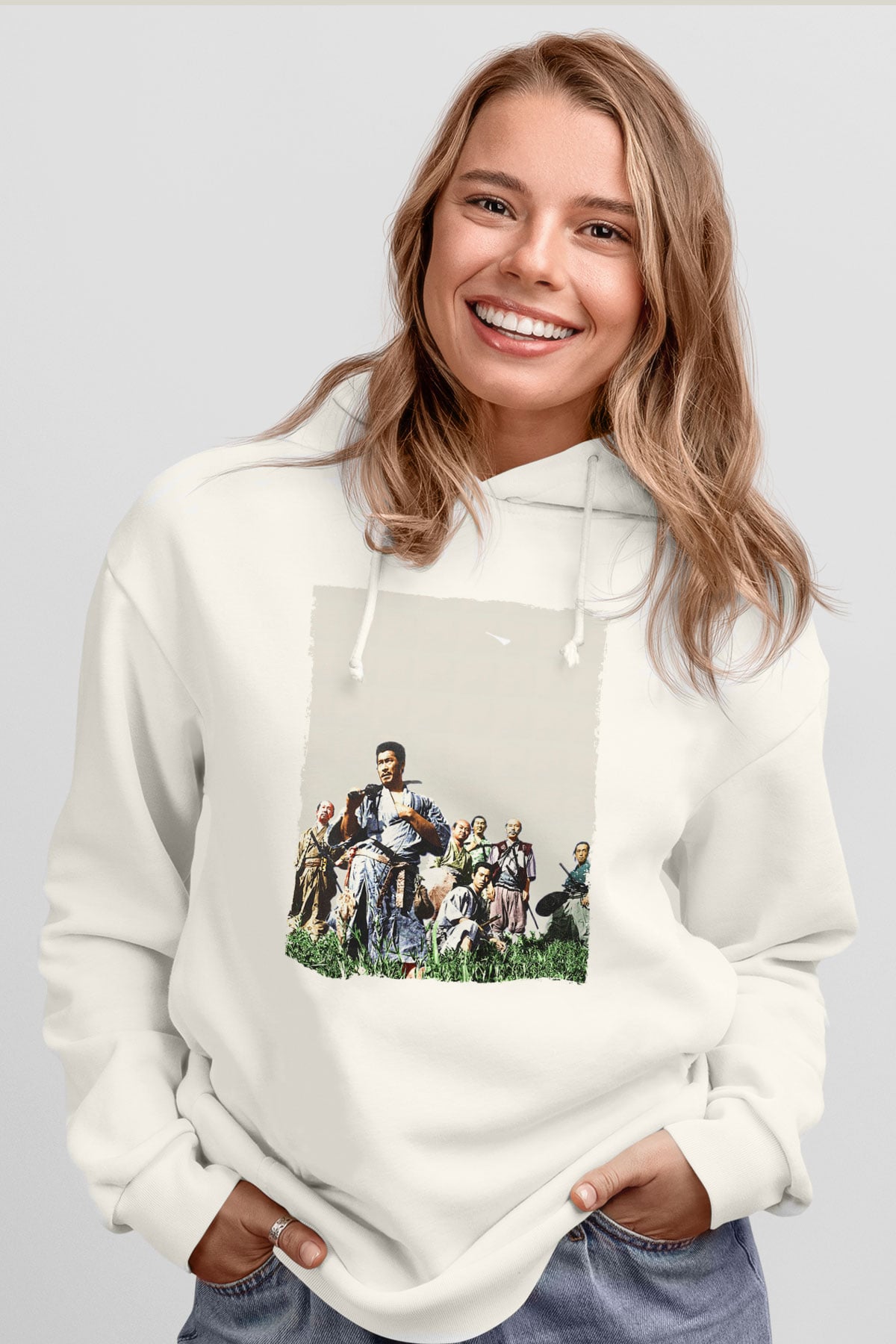 Unisex Yedi Samuray (Seven Samurai) Baskılı Beyaz Kapüşonlu Sweatshirt