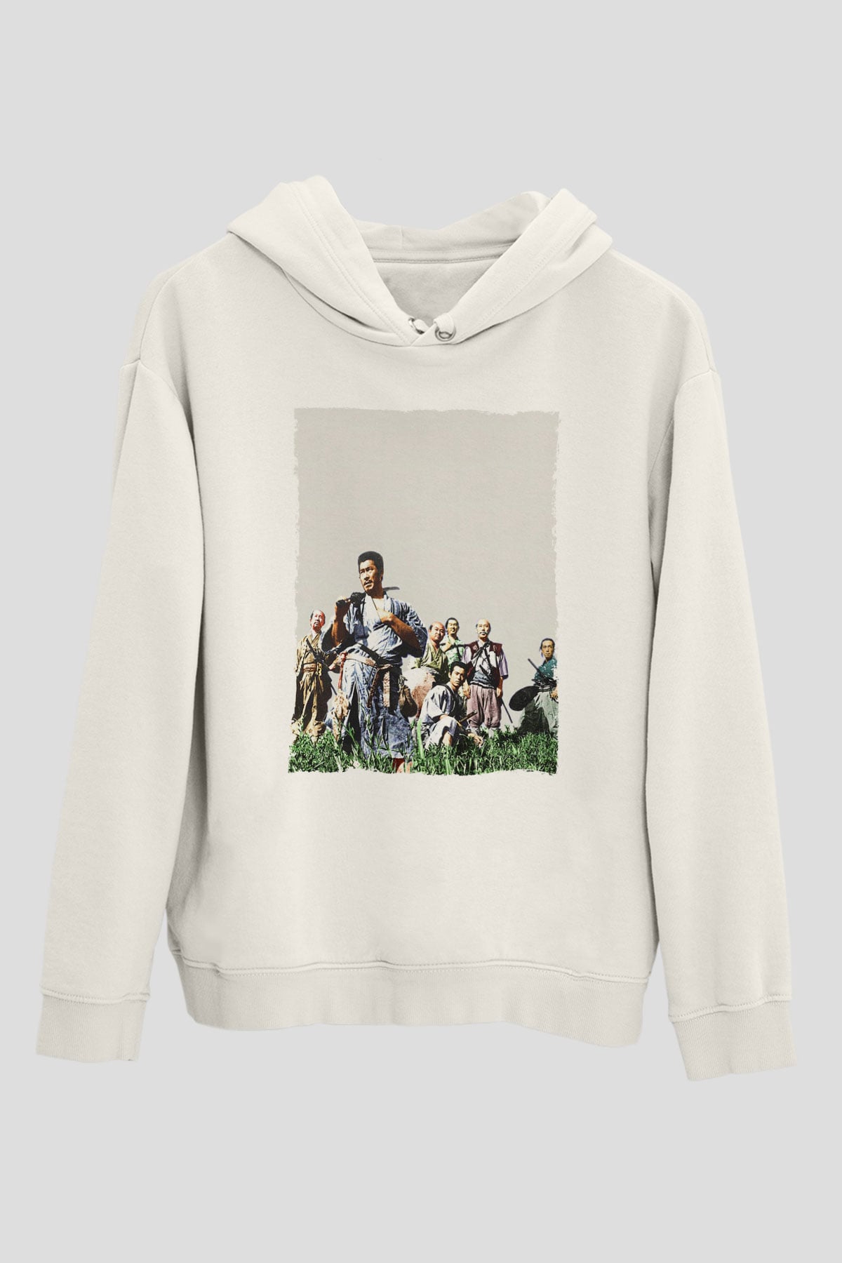 Unisex Yedi Samuray (Seven Samurai) Baskılı Beyaz Kapüşonlu Sweatshirt