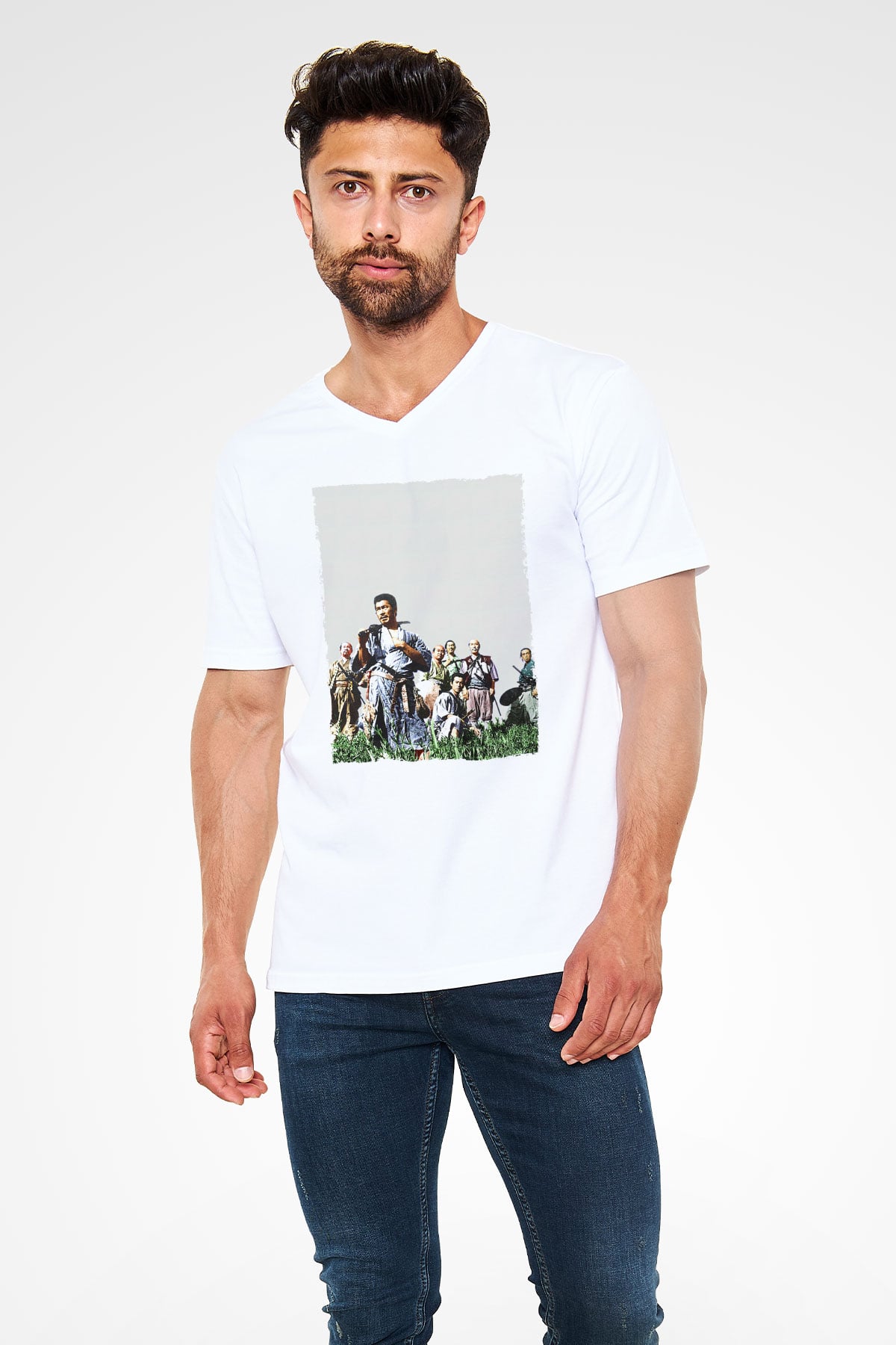 Unisex Yedi Samuray (Seven Samurai) Baskılı Beyaz V Yaka Tişört