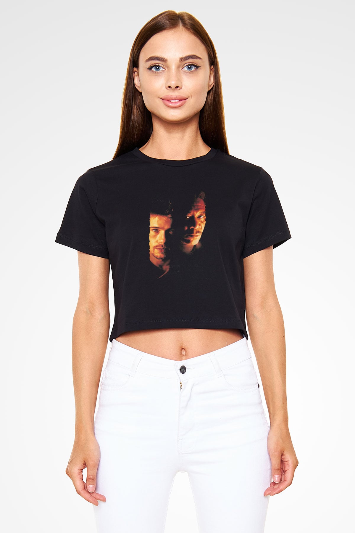 Unisex Yedi (Seven) Baskılı Siyah Crop Top Tişört