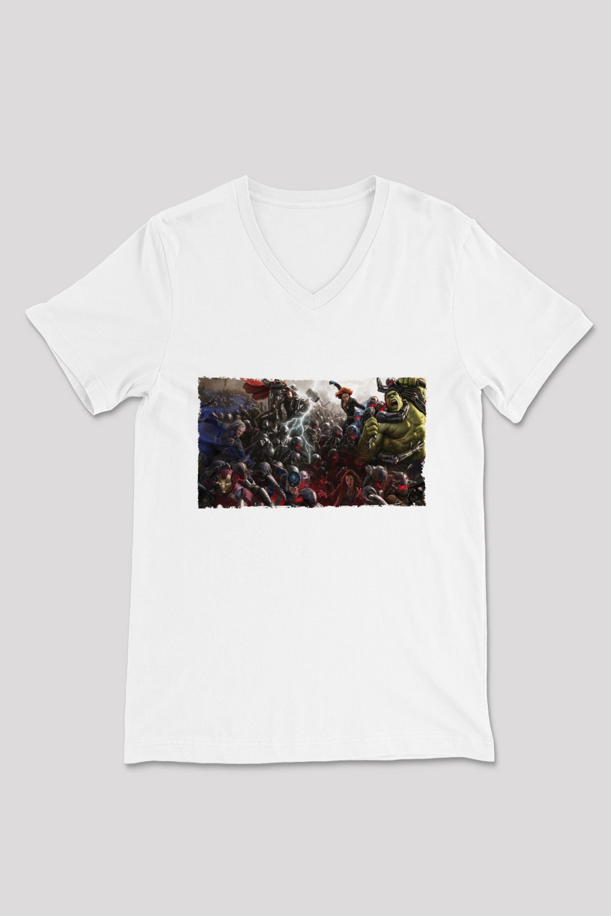 Unisex Yenilmezler 2 Avengers Age of Ultron Baskılı Beyaz V Yaka Tişört