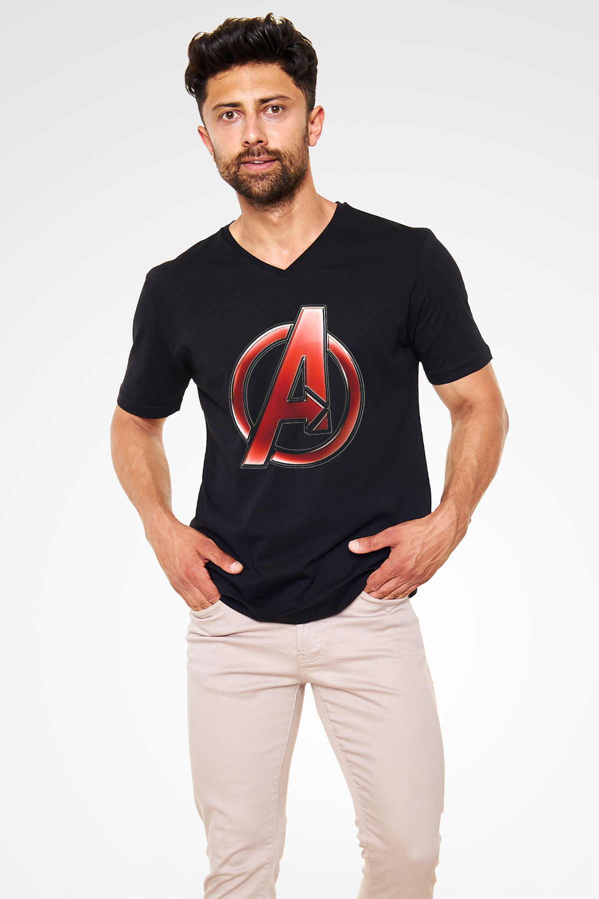Unisex Yenilmezler (Avengers) Baskılı Siyah V Yaka Tshirt
