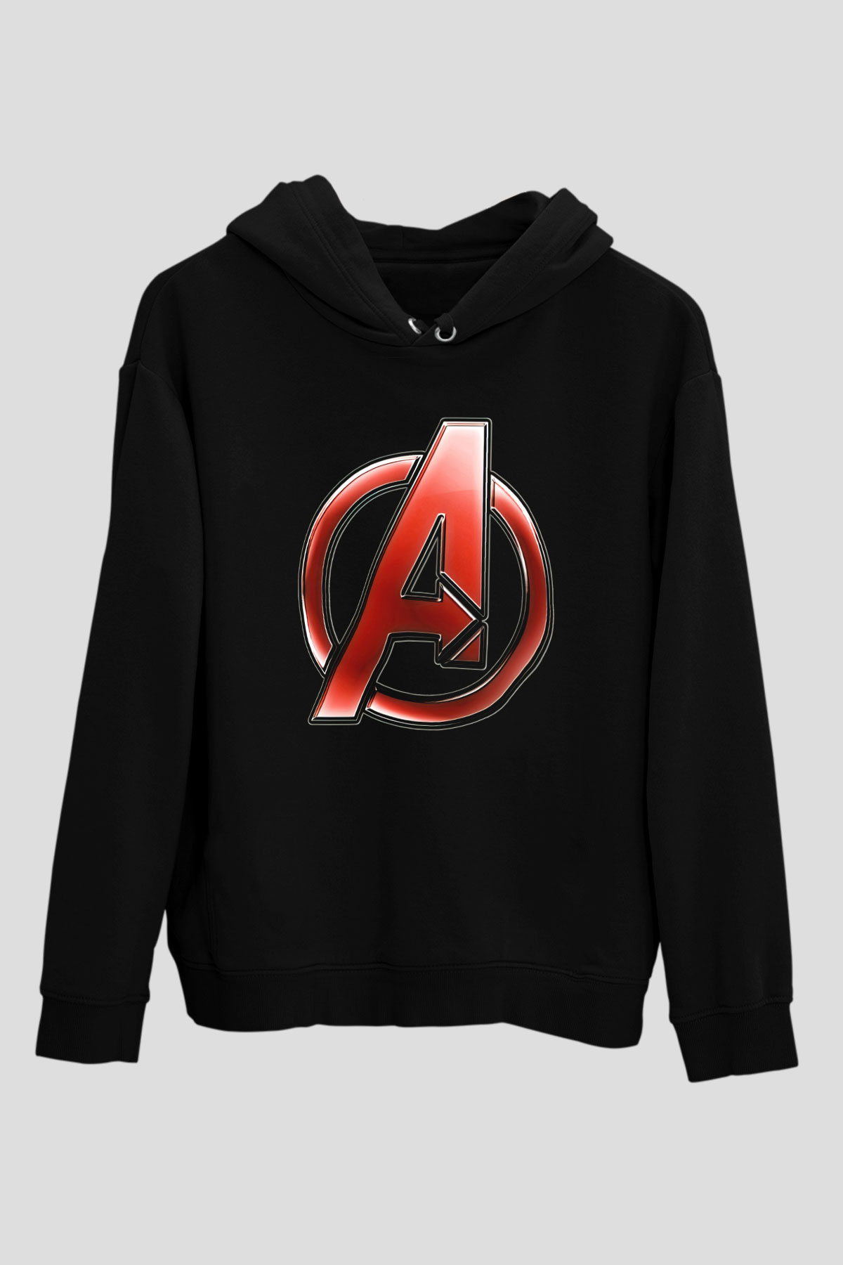 Unisex Yenilmezler (Avengers) Baskılı Siyah Kapüşonlu Sweatshirt