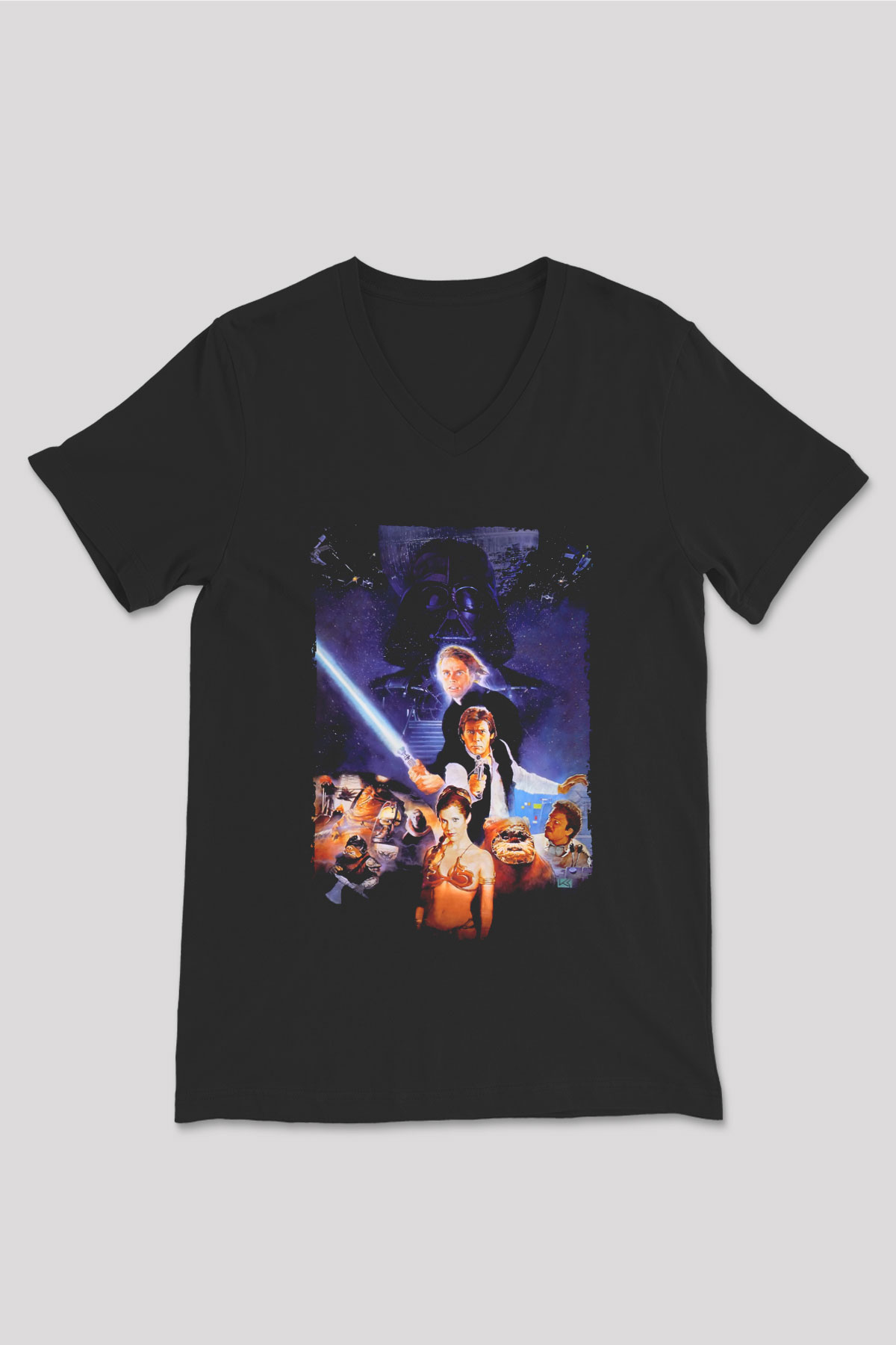 Unisex Yıldız Savaşları Bölüm VI - Jedi'ın Dönüşü (Return of the Jedi) Baskılı Siyah V Yaka Tişört