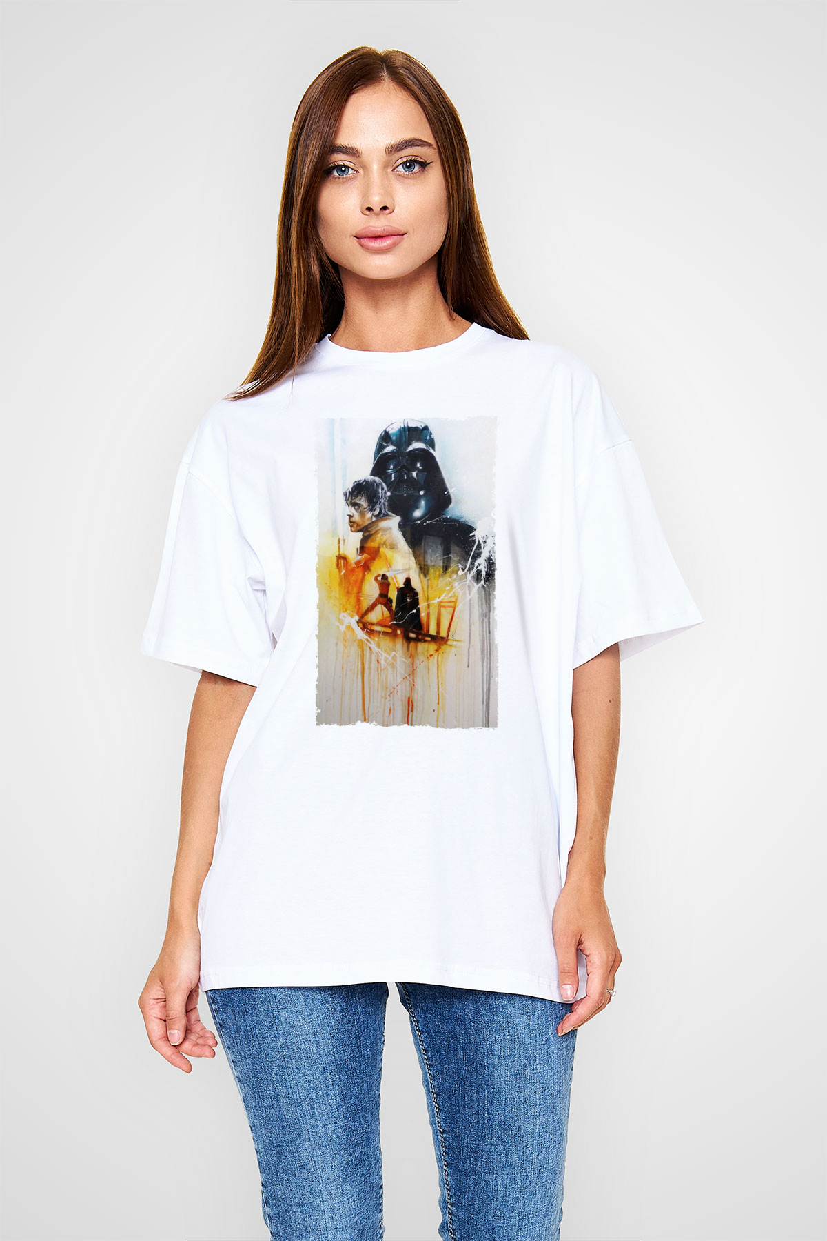 Unisex Yıldız Savaşları (Return of the Jedi) Baskılı Beyaz Oversize Tişört