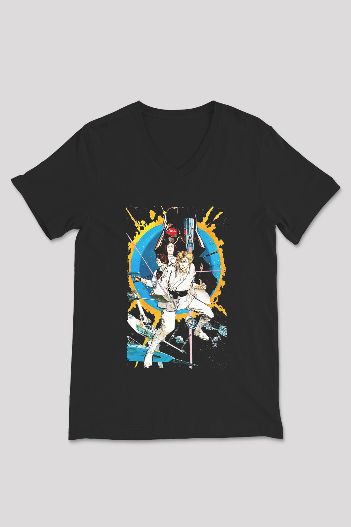 Unisex Yıldız Savaşları (Star Wars) Baskılı Siyah V Yaka T-shirt