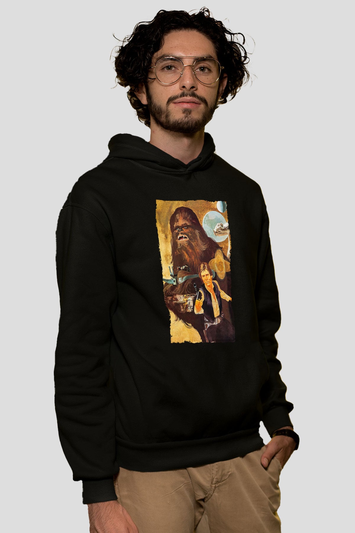 Unisex Yıldız Savaşları (Star Wars) Baskılı Siyah Kapüşonlu Sweatshirt