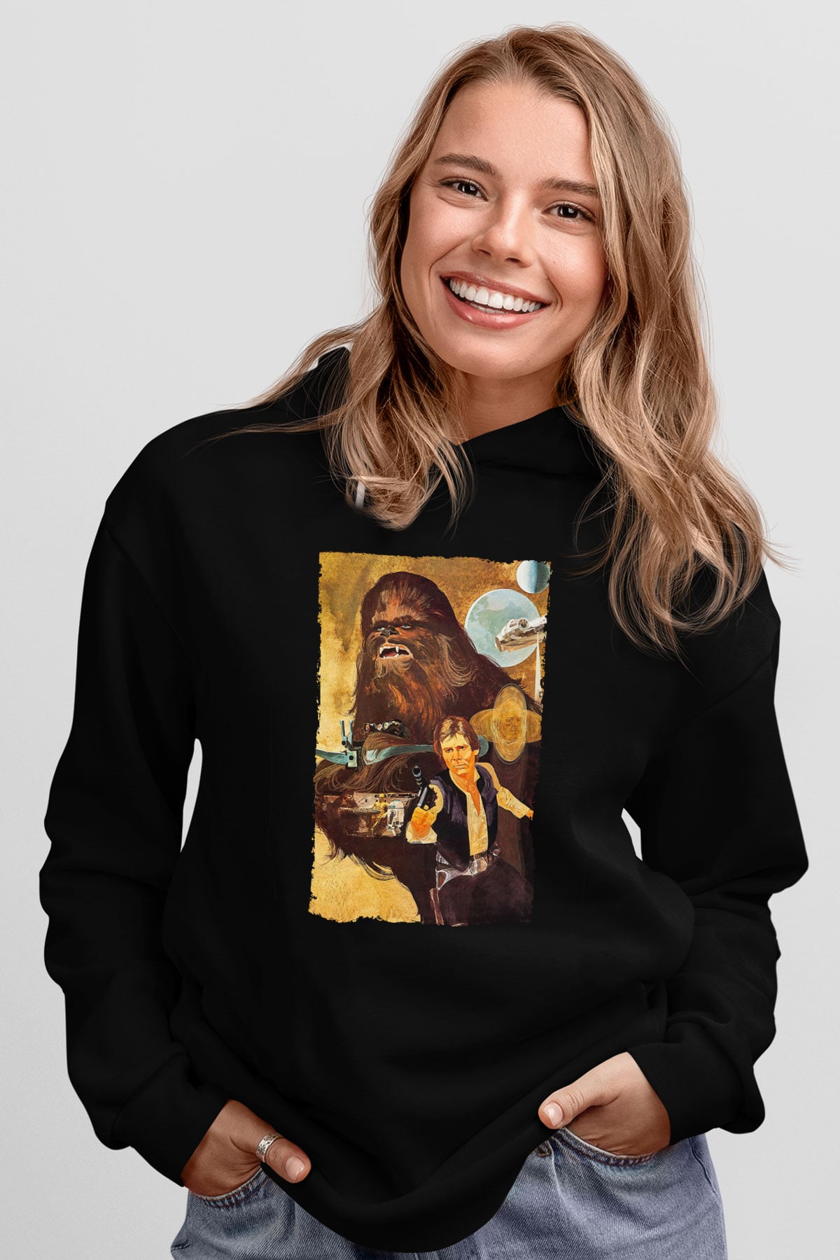 Unisex Yıldız Savaşları (Star Wars) Baskılı Siyah Kapüşonlu Sweatshirt