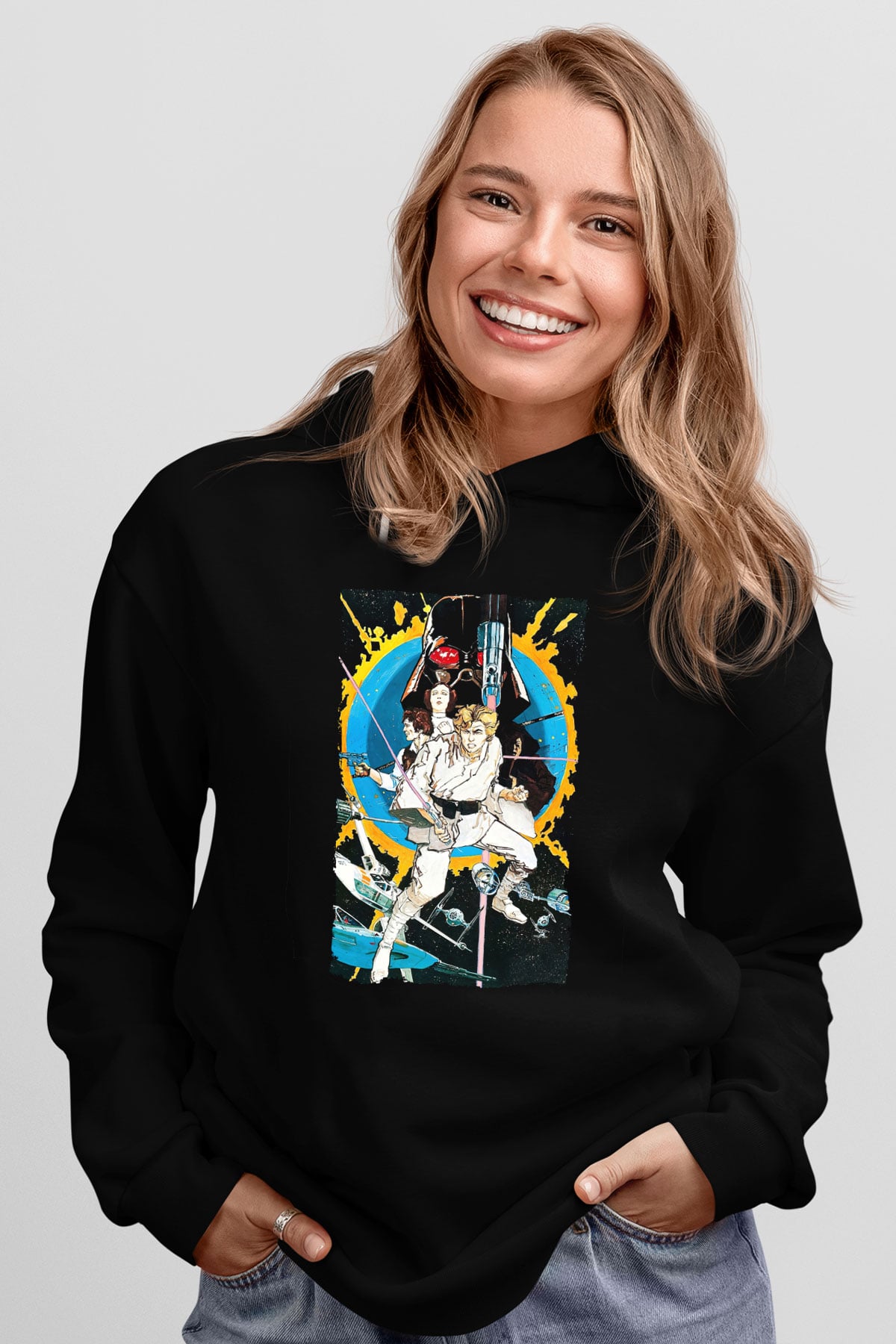 Unisex Yıldız Savaşları (Star Wars) Baskılı Siyah Kapüşonlu Sweatshirt