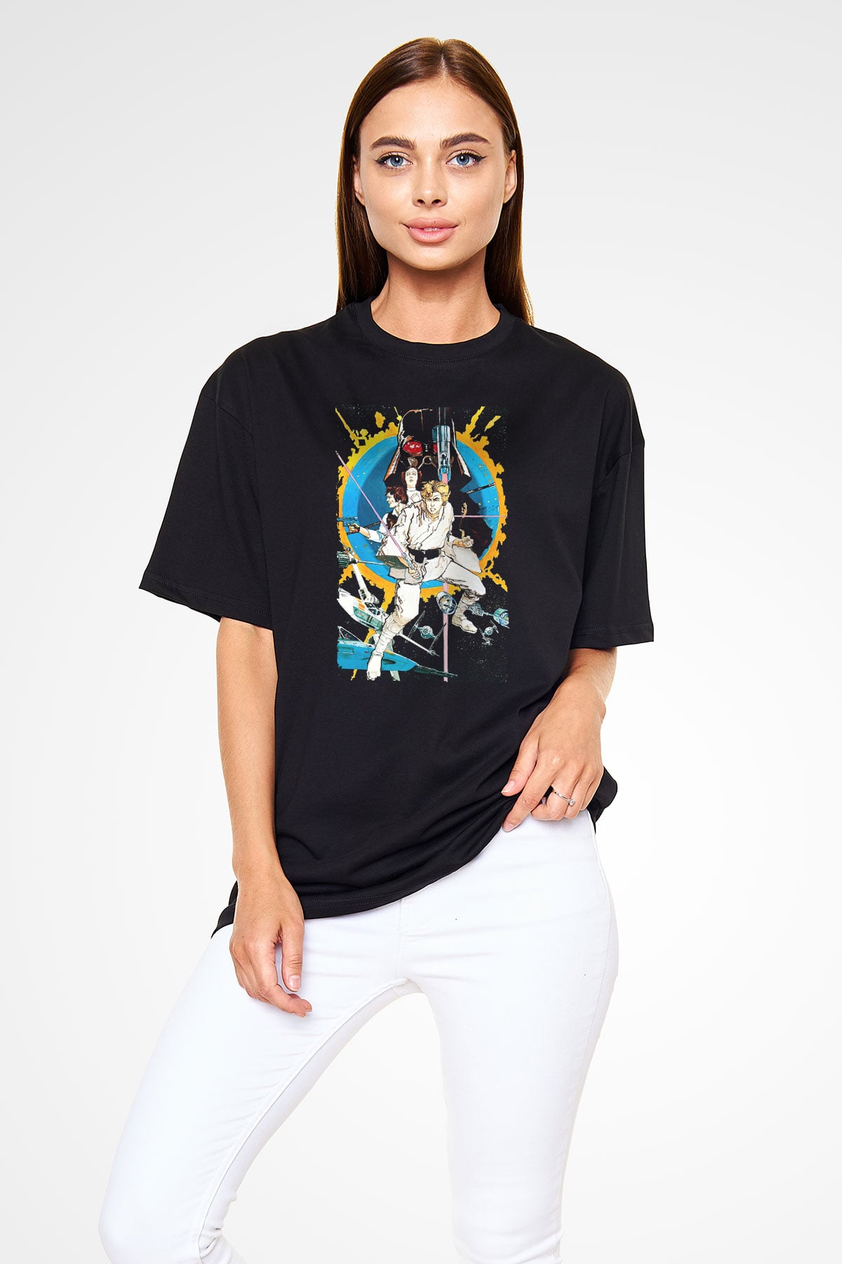 Unisex Yıldız Savaşları (Star Wars) Baskılı Siyah Oversize T-shirt