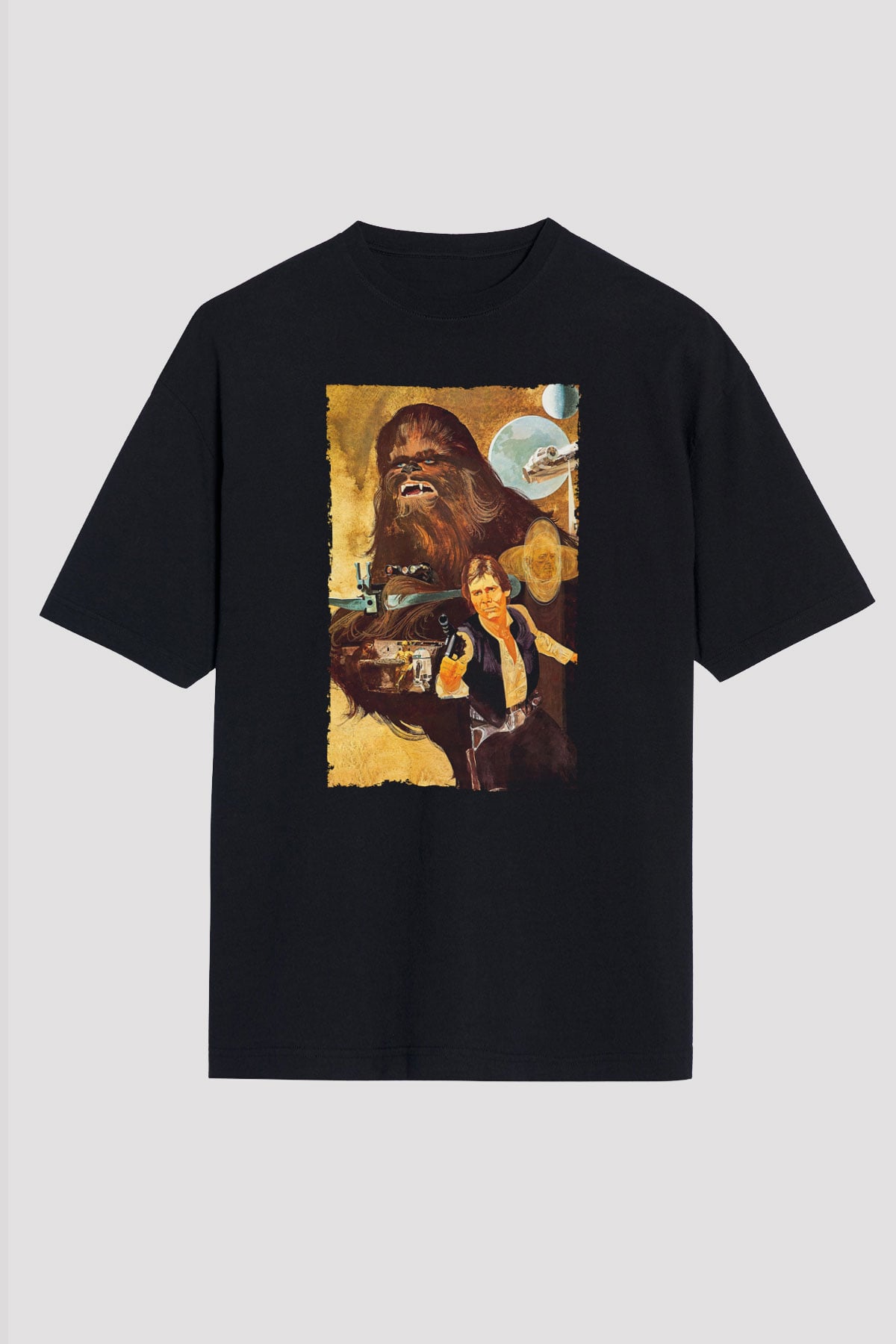 Unisex Yıldız Savaşları (Star Wars) Baskılı Siyah Oversize Tişört