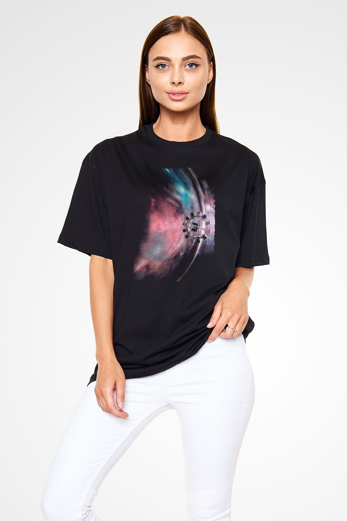 Unisex Yıldızlararası (Interstellar) Baskılı Siyah Oversize T-shirt