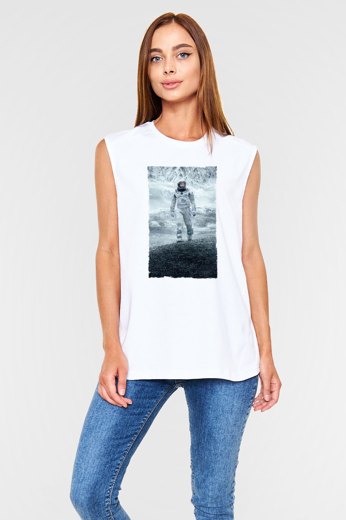 Unisex Yıldızlararası (Interstellar) Baskılı Beyaz Kolsuz Tişört