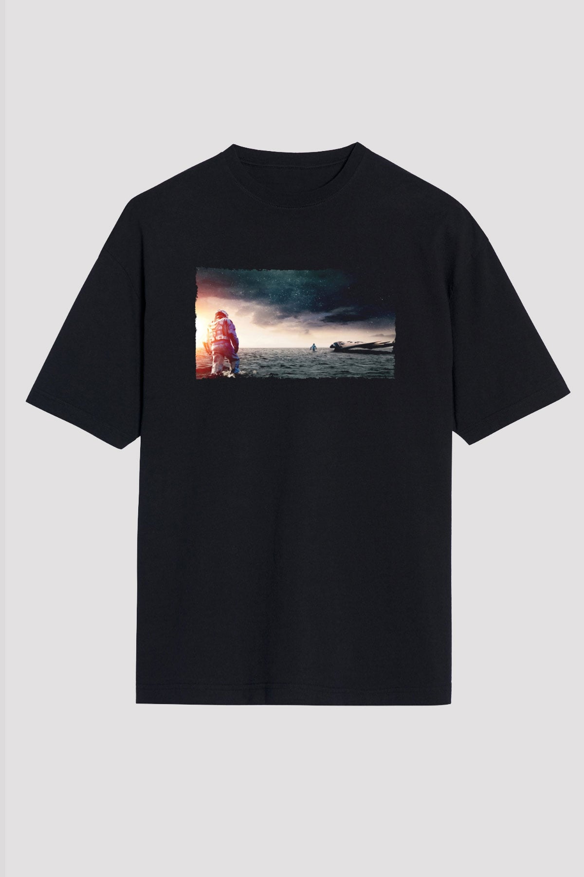 Unisex Yıldızlararası (Interstellar) Baskılı Siyah Unisex Oversize Tshirt